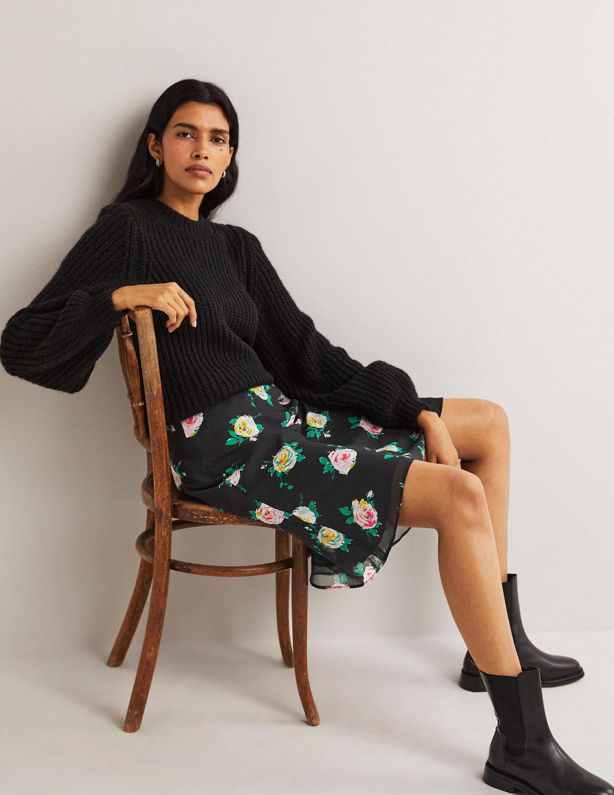 Crinkle Bias-cut Skirt-Black, Painterly Rose - Image 1