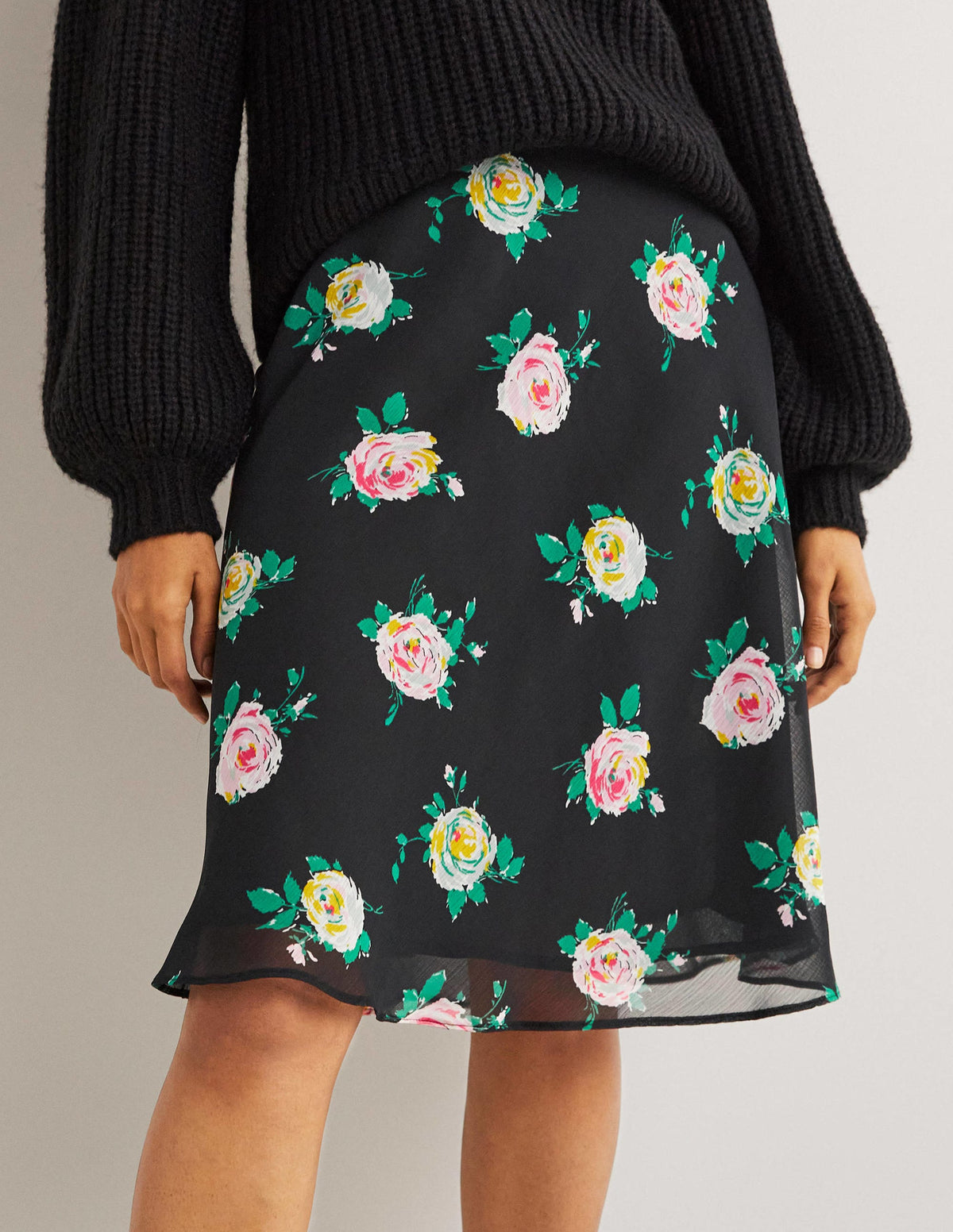 Crinkle Bias-cut Skirt-Black, Painterly Rose-4