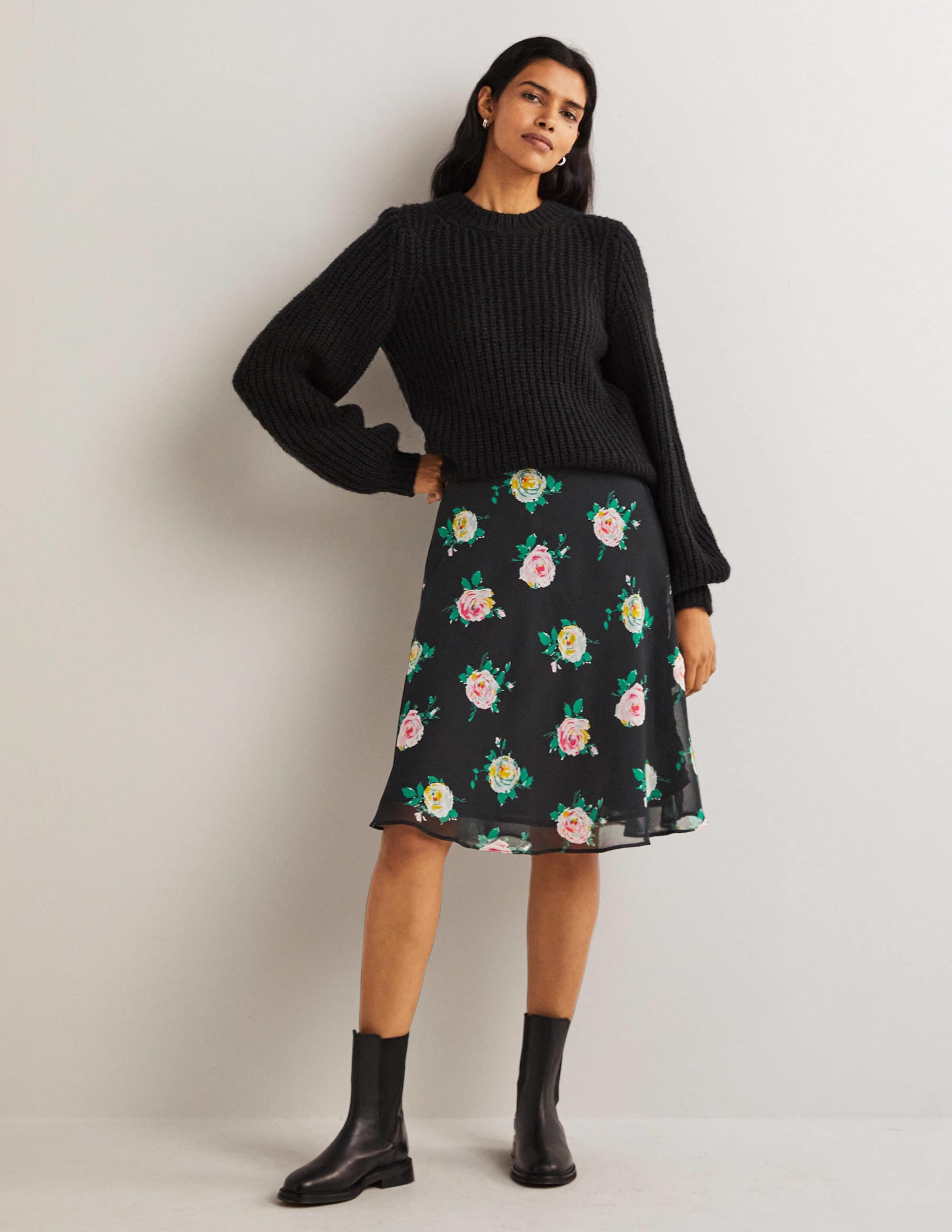 Crinkle Bias-cut Skirt-Black, Painterly Rose - Image 5
