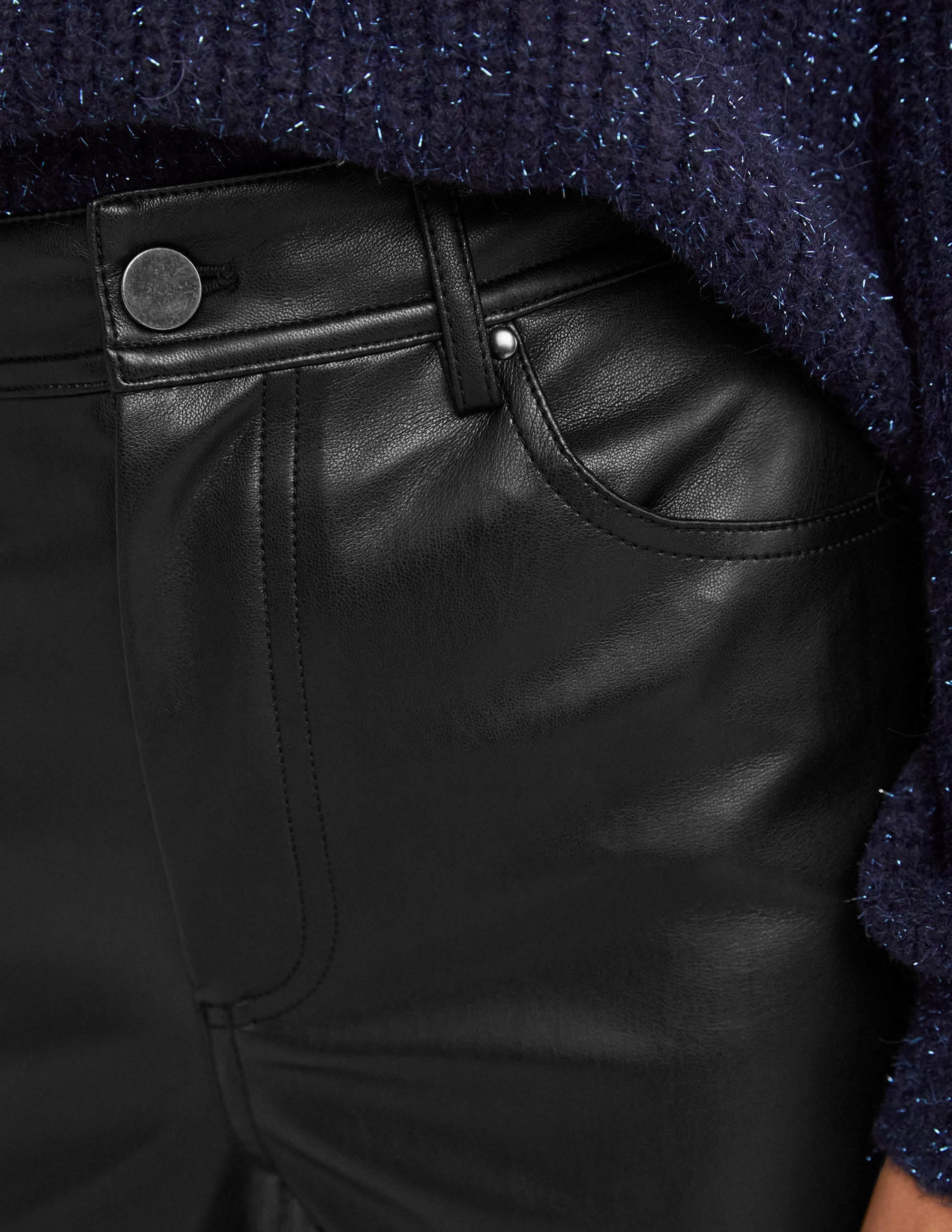 Faux Leather Straight Trousers-Black - Image 2