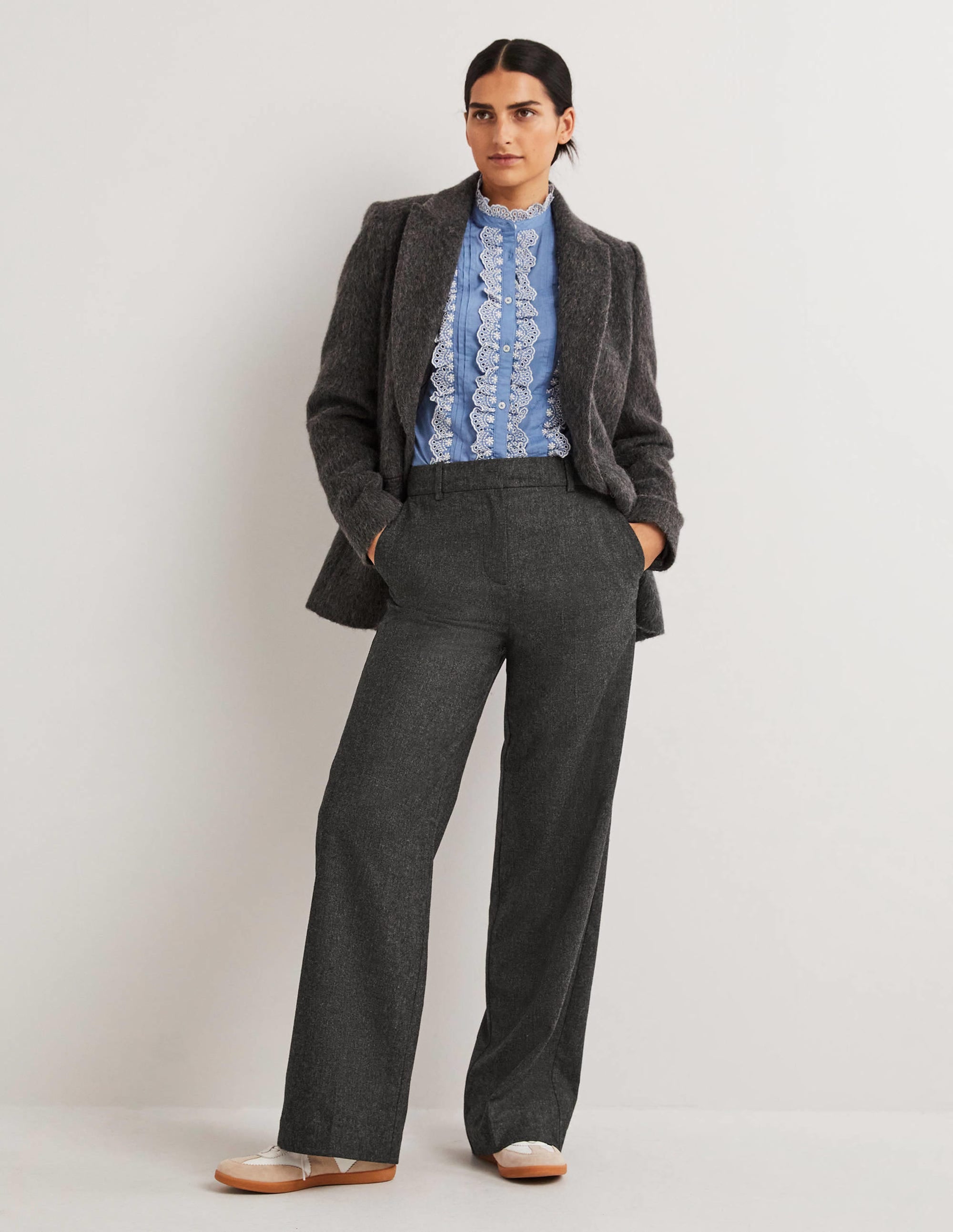 Wool Wide Leg Pants-Charcoal Marl - Image 1