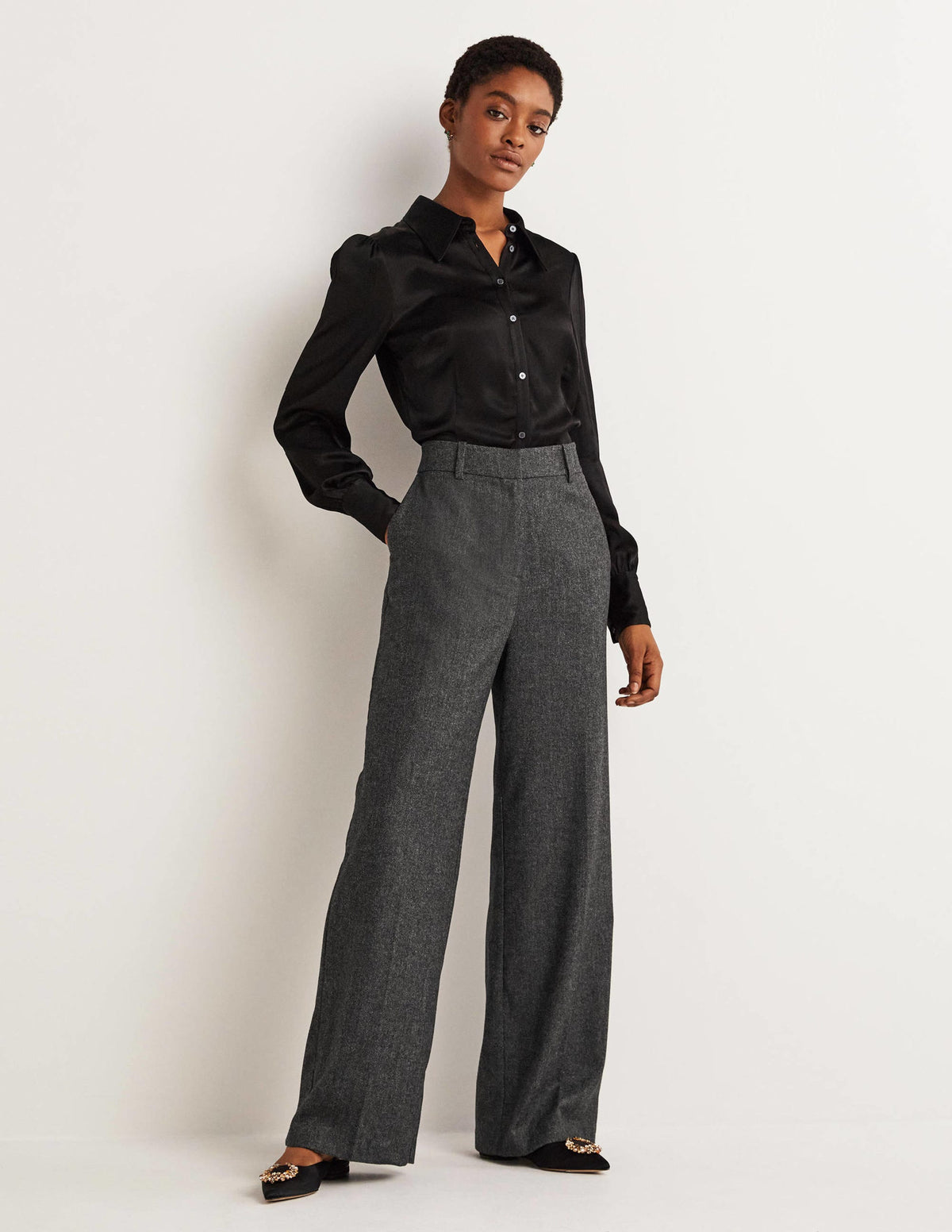 Wool Wide Leg Pants-Grey Herringbone - Image 1
