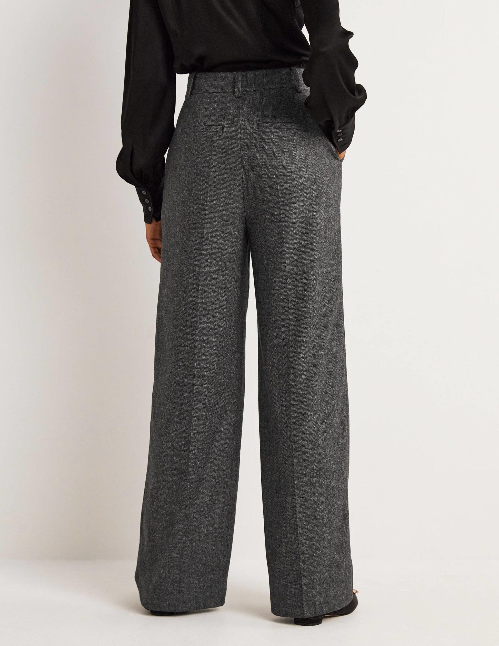 Wool Wide Leg Pants-Grey Herringbone-3