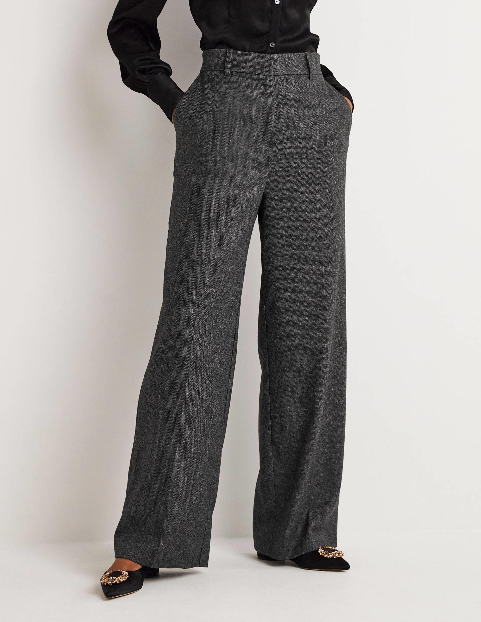 Wool Wide Leg Pants-Grey Herringbone - Image 4