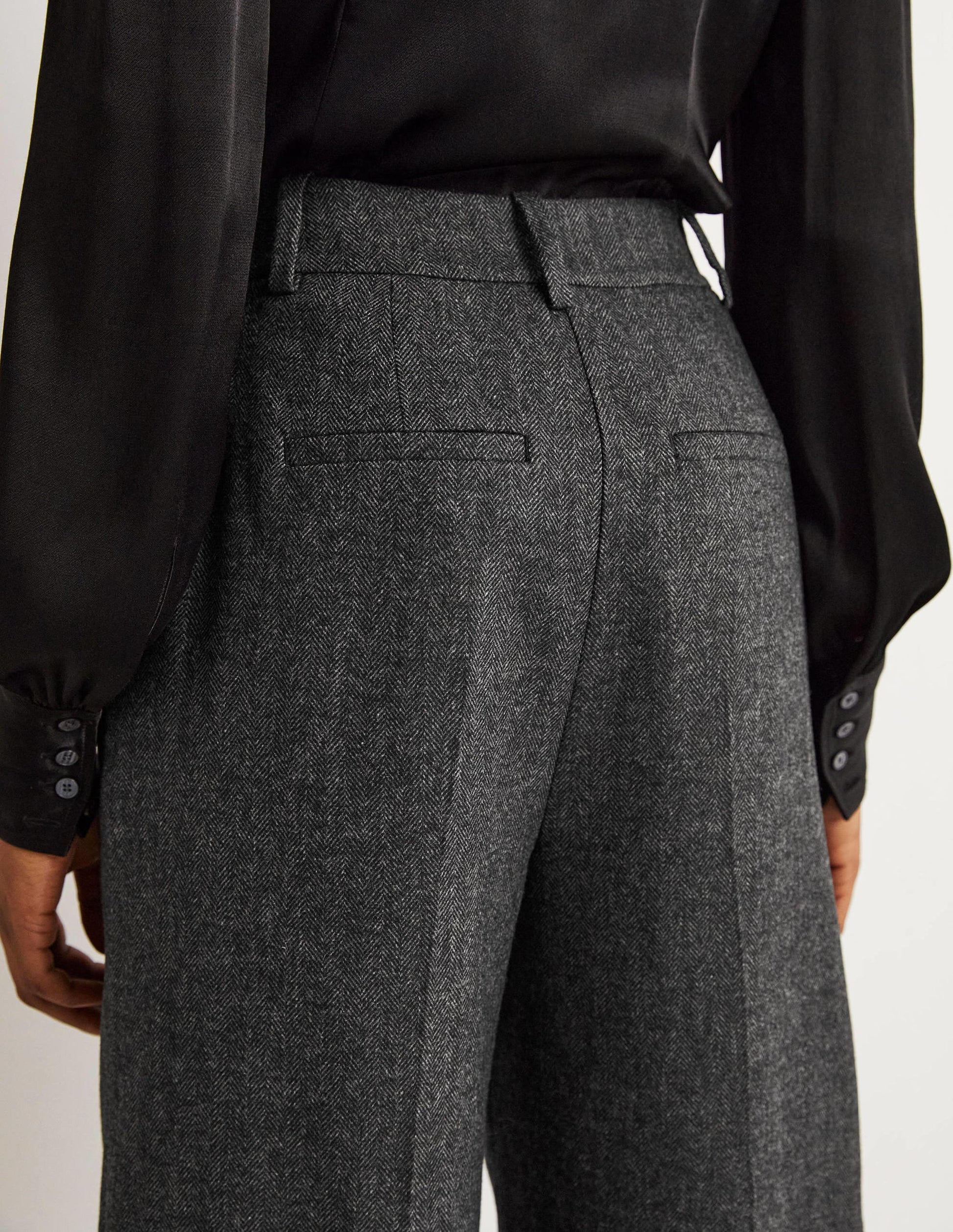Wool Wide Leg Pants-Grey Herringbone-5