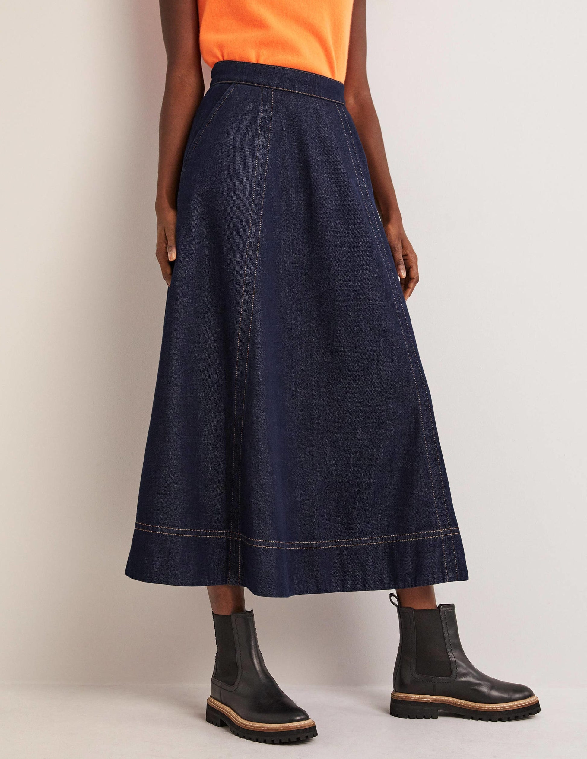 Panelled Denim Midi Skirt-Indigo-4