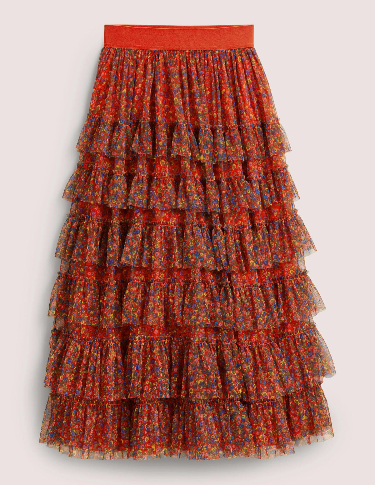 Ruffle Tulle Midi Skirt-Rocket Red, Floral Terrace-5