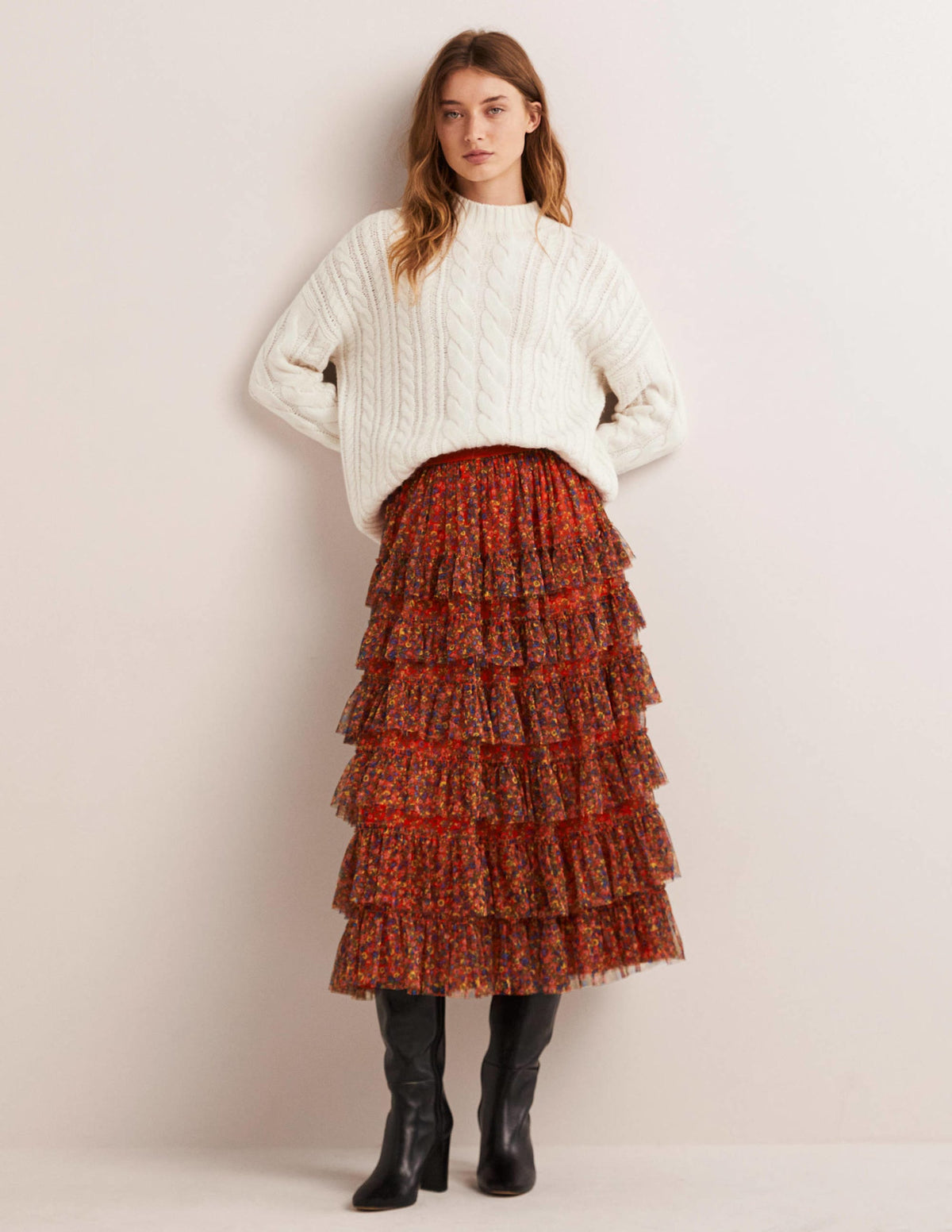 Ruffle Tulle Midi Skirt-Rocket Red, Floral Terrace-1