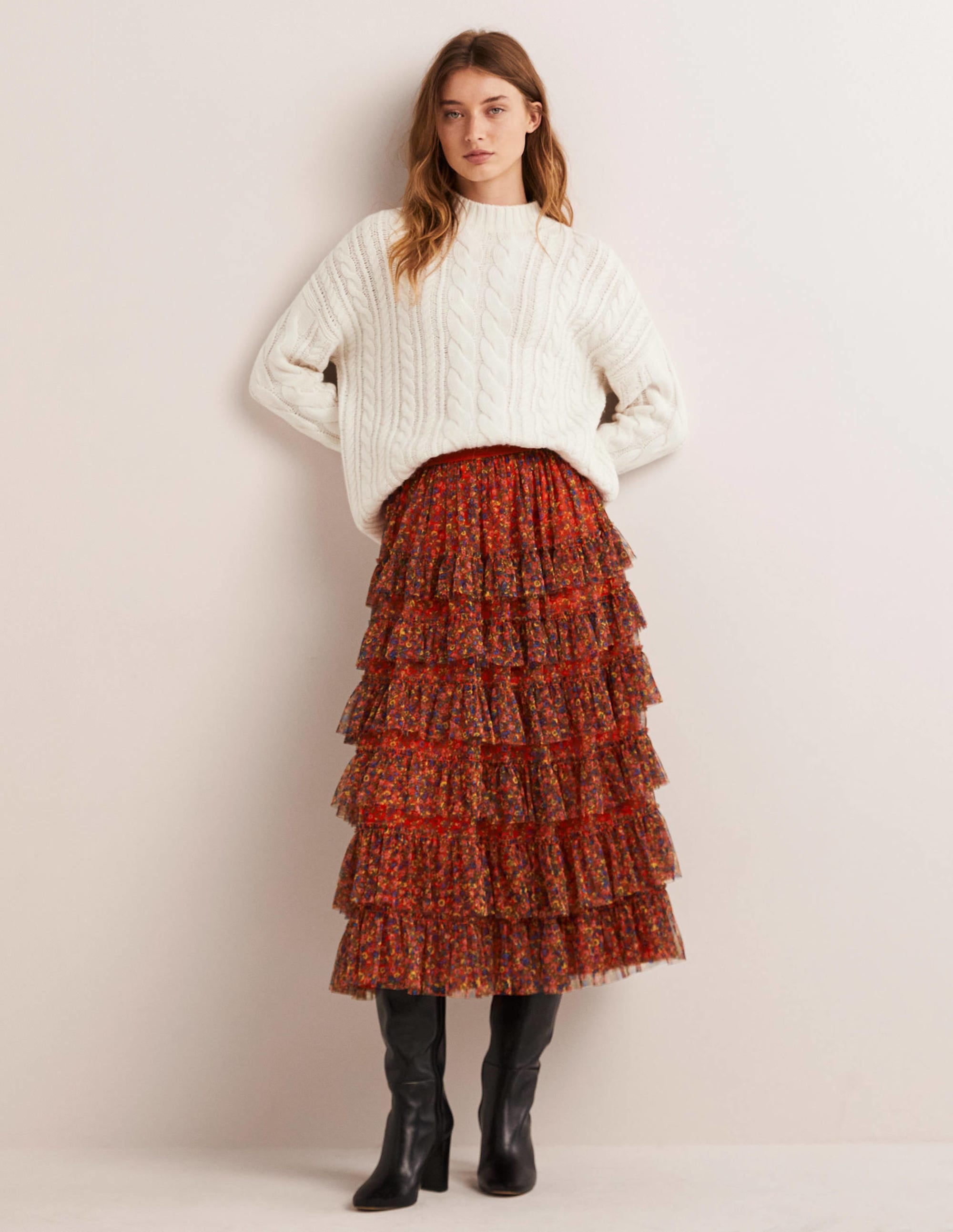 Ruffle Tulle Midi Skirt-Rocket Red, Floral Terrace - Image 1