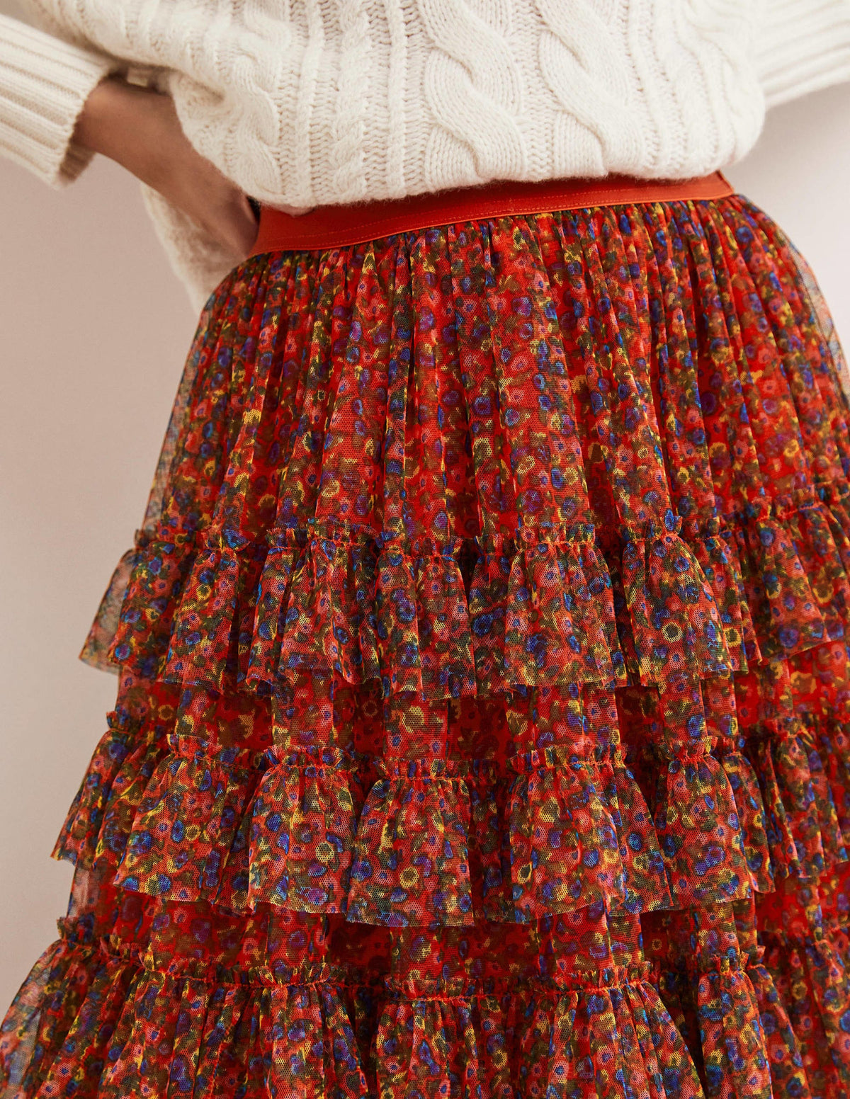 Ruffle Tulle Midi Skirt-Rocket Red, Floral Terrace-2