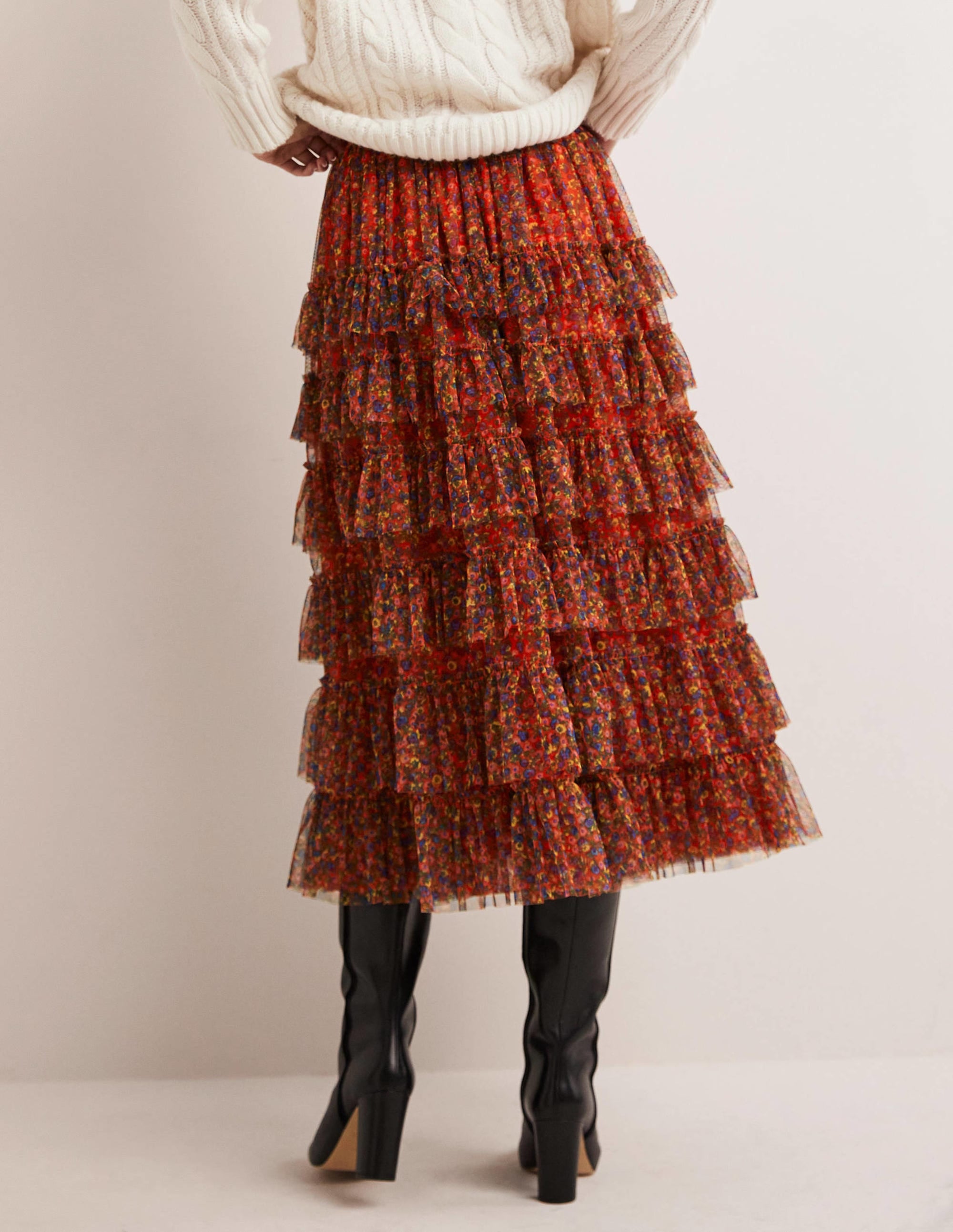 Ruffle Tulle Midi Skirt-Rocket Red, Floral Terrace - Image 3