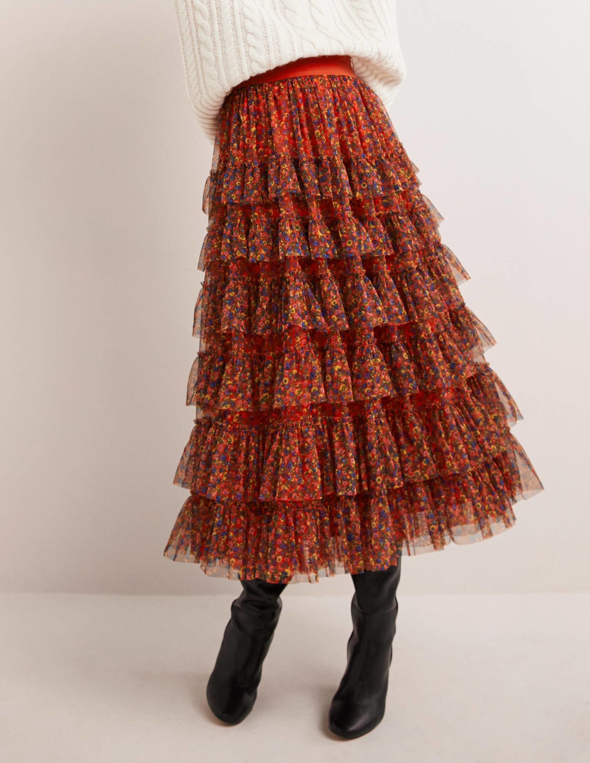 Ruffle Tulle Midi Skirt-Rocket Red, Floral Terrace - Image 4