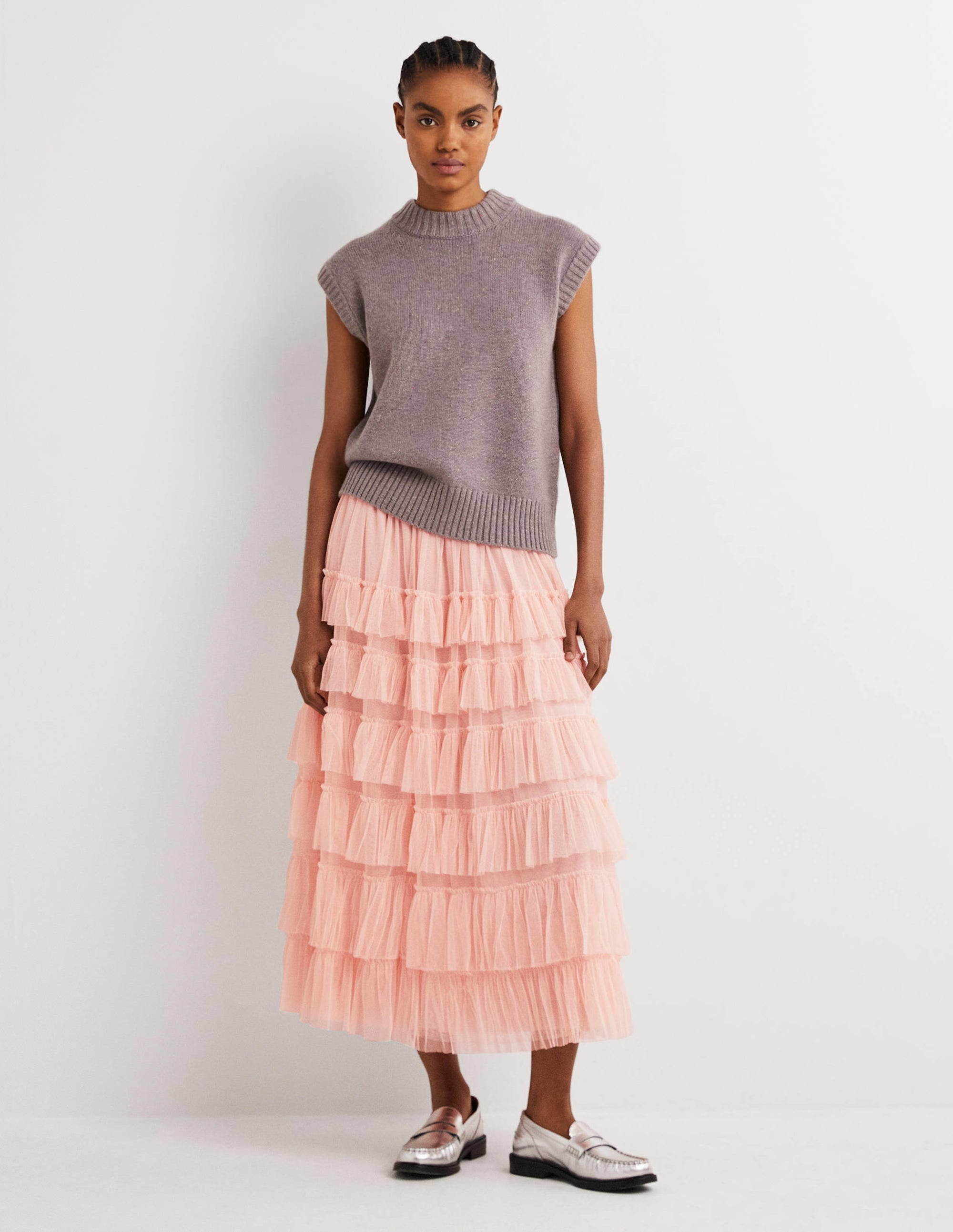 Pink Ruffle Tulle Midi Skirt-Antique Rose - Image 1