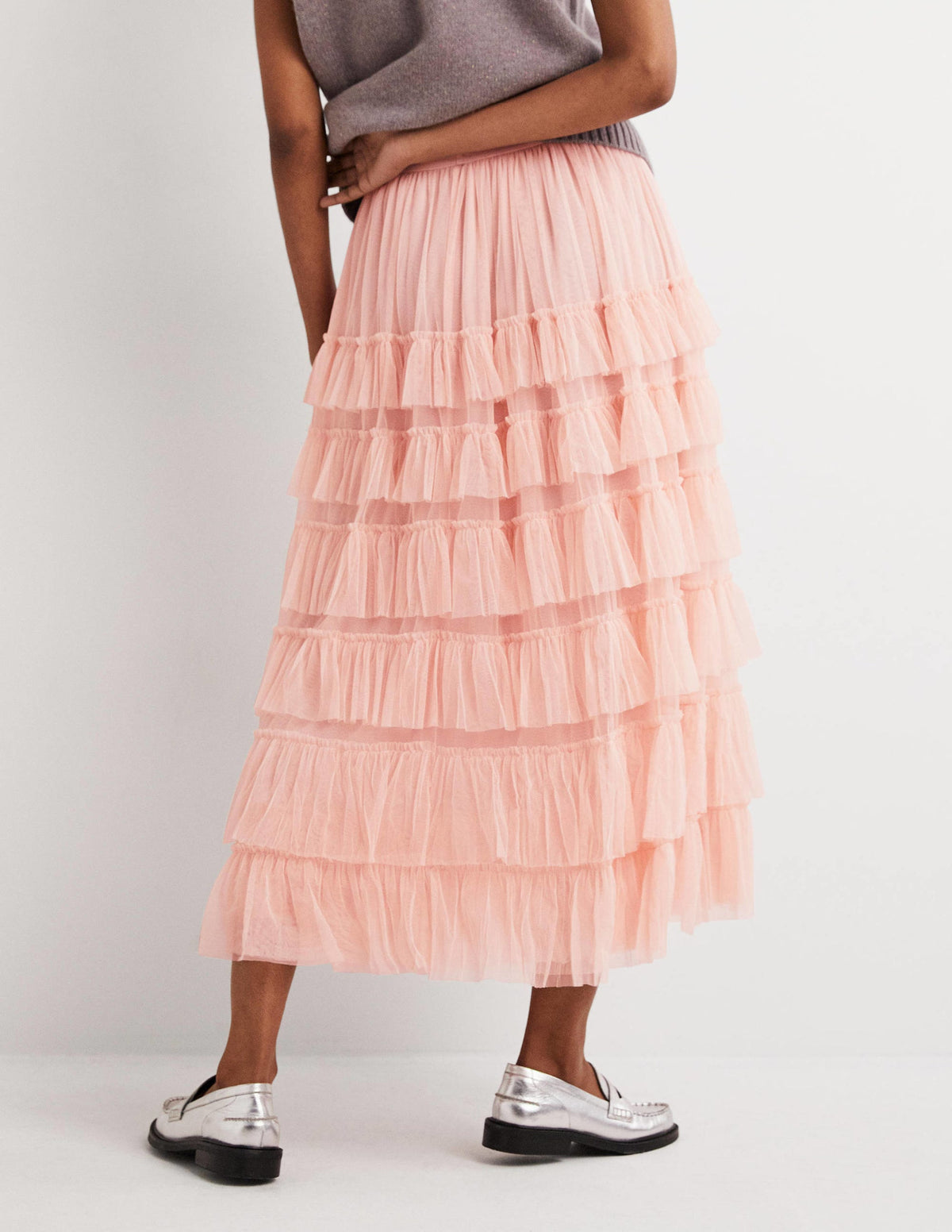 Pink Ruffle Tulle Midi Skirt-Antique Rose - Image 3