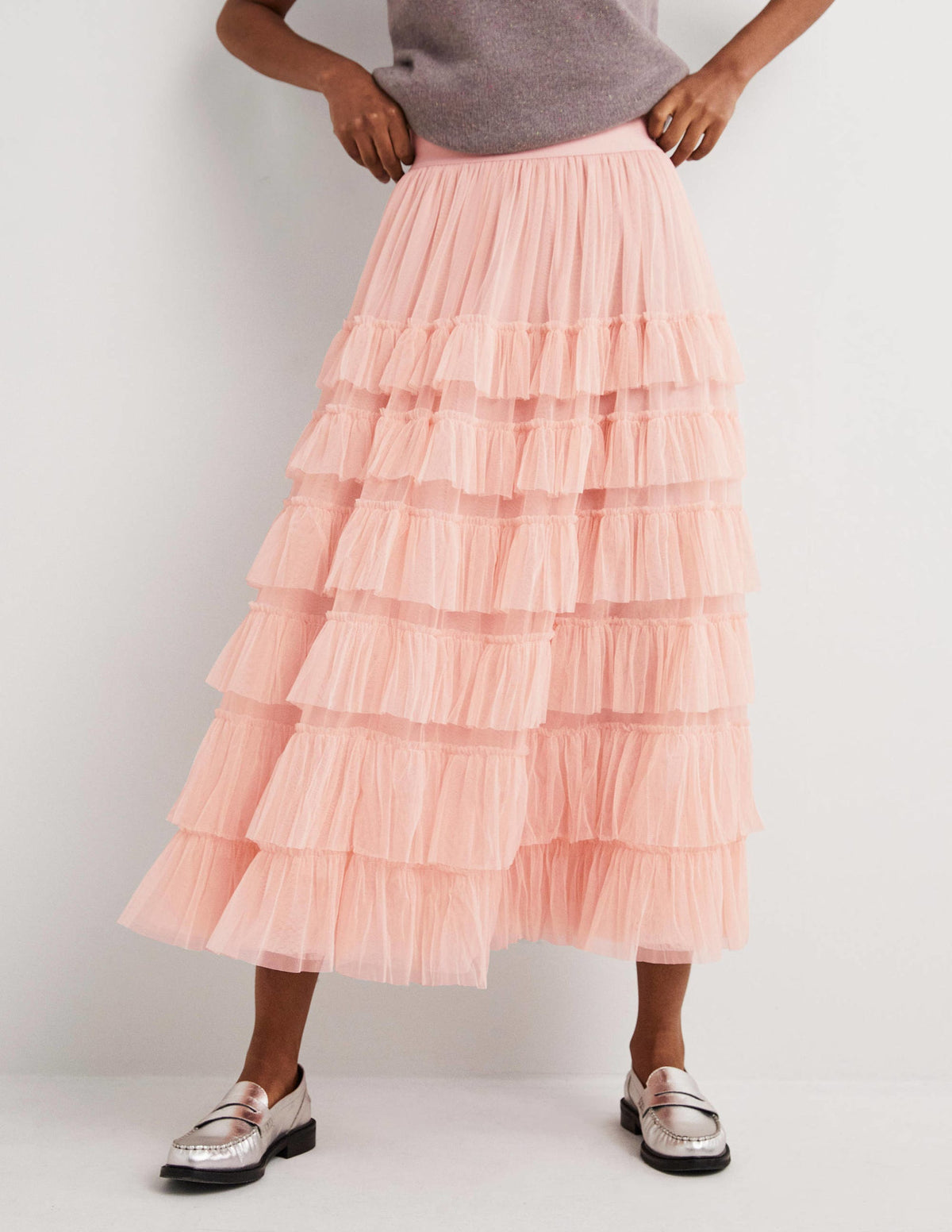 Pink Ruffle Tulle Midi Skirt-Antique Rose-4