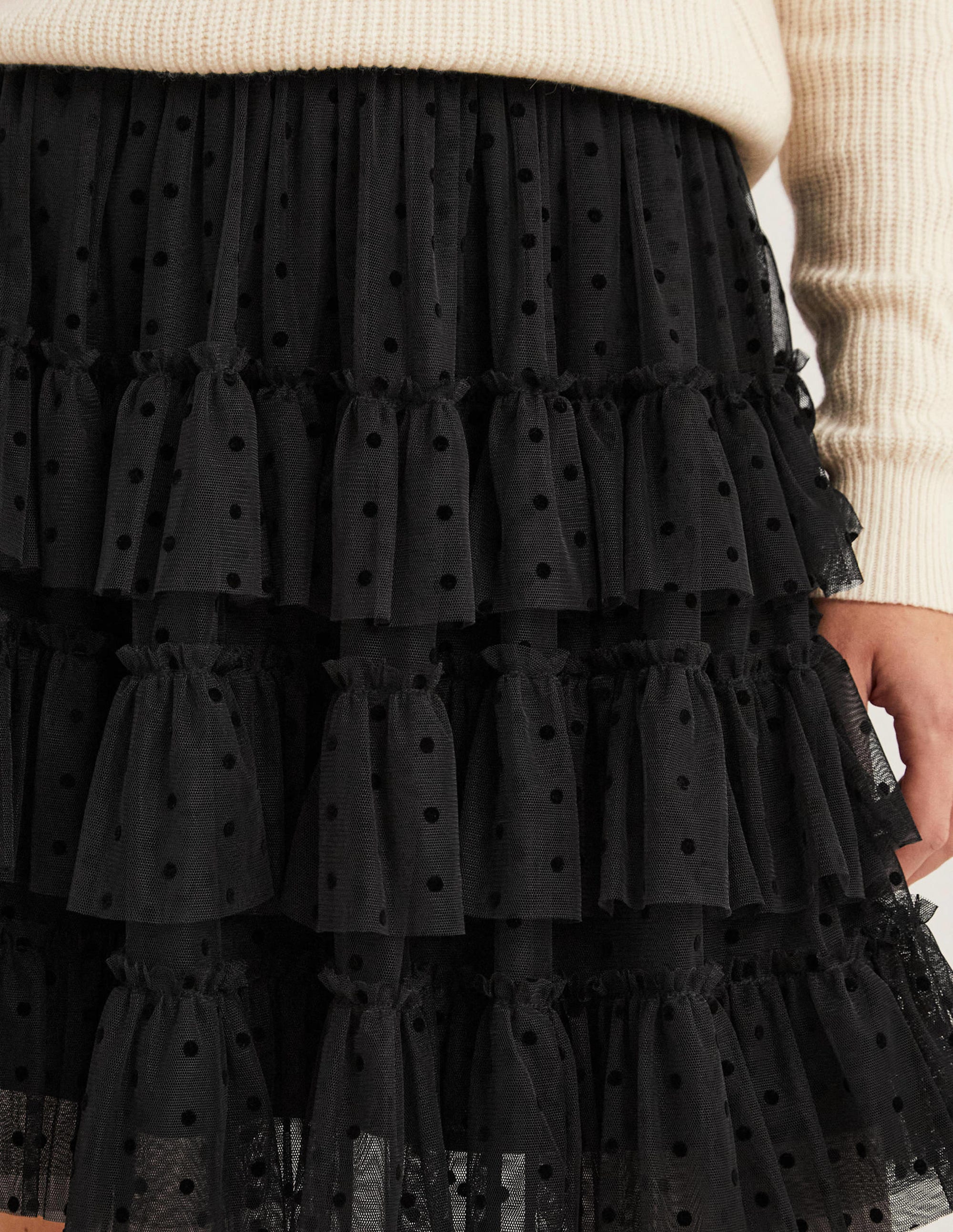 Black Polka Dot Ruffle Tulle Mini Skirt-Black - Image 2