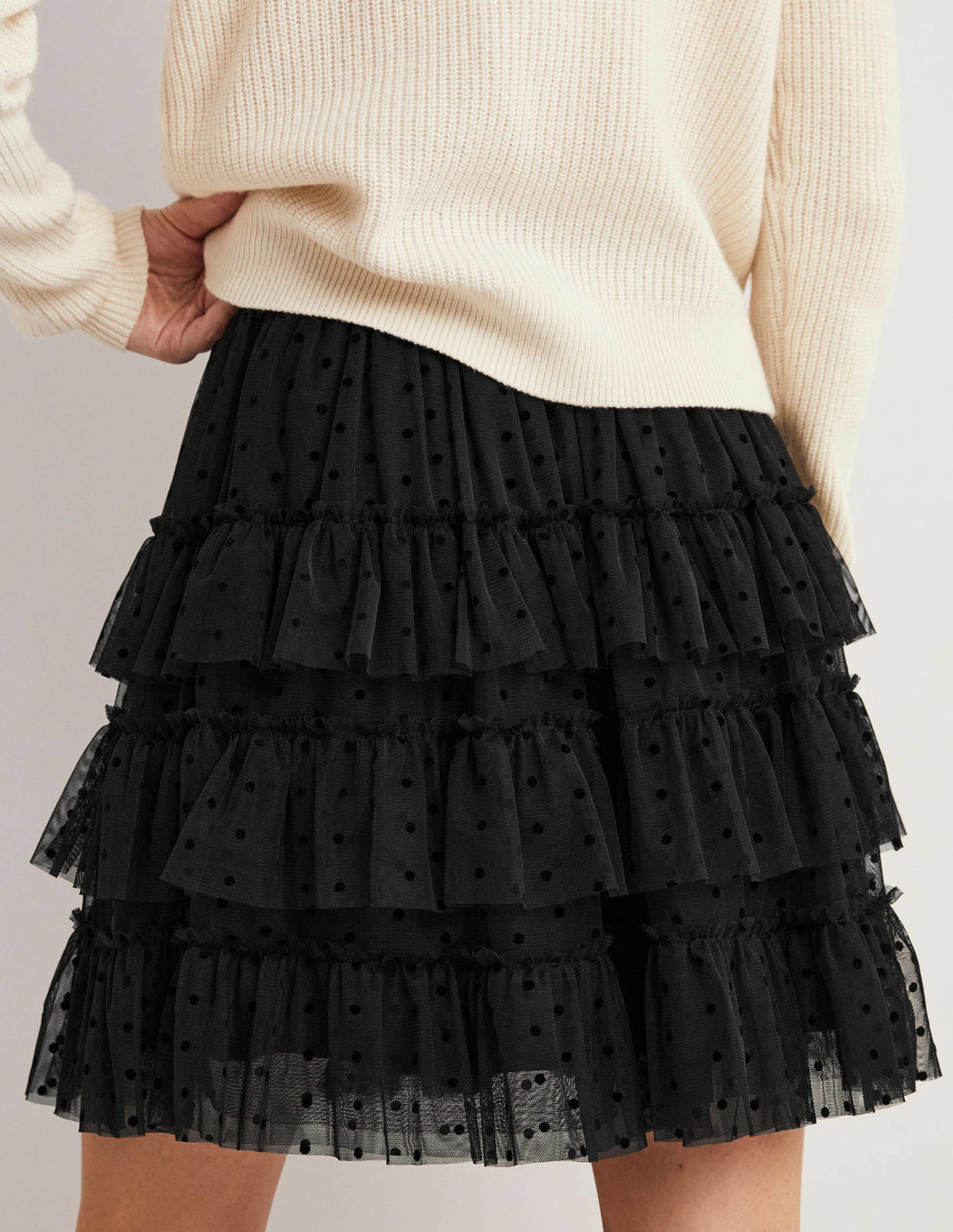 Black Polka Dot Ruffle Tulle Mini Skirt-Black - Image 3