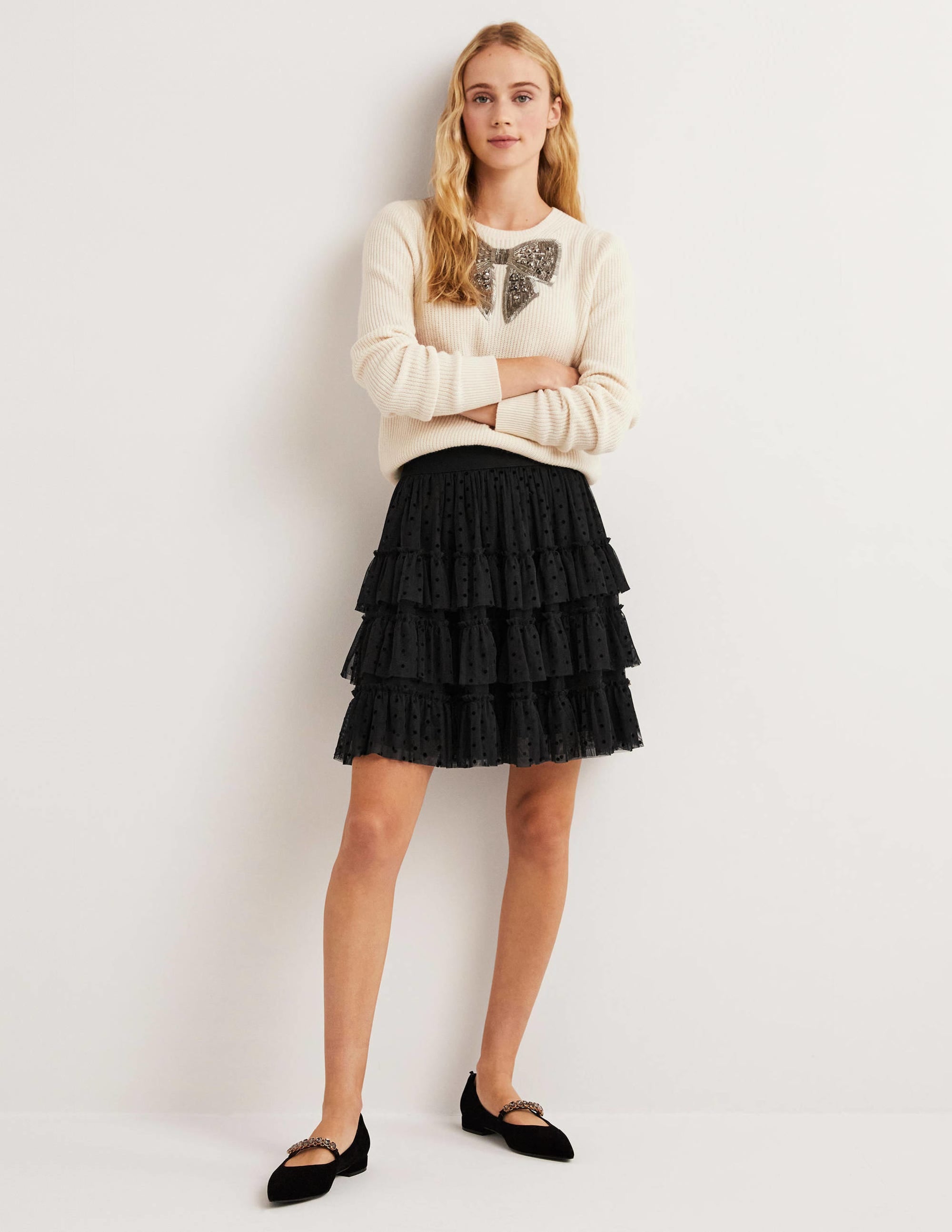 Black Polka Dot Ruffle Tulle Mini Skirt-Black - Image 4