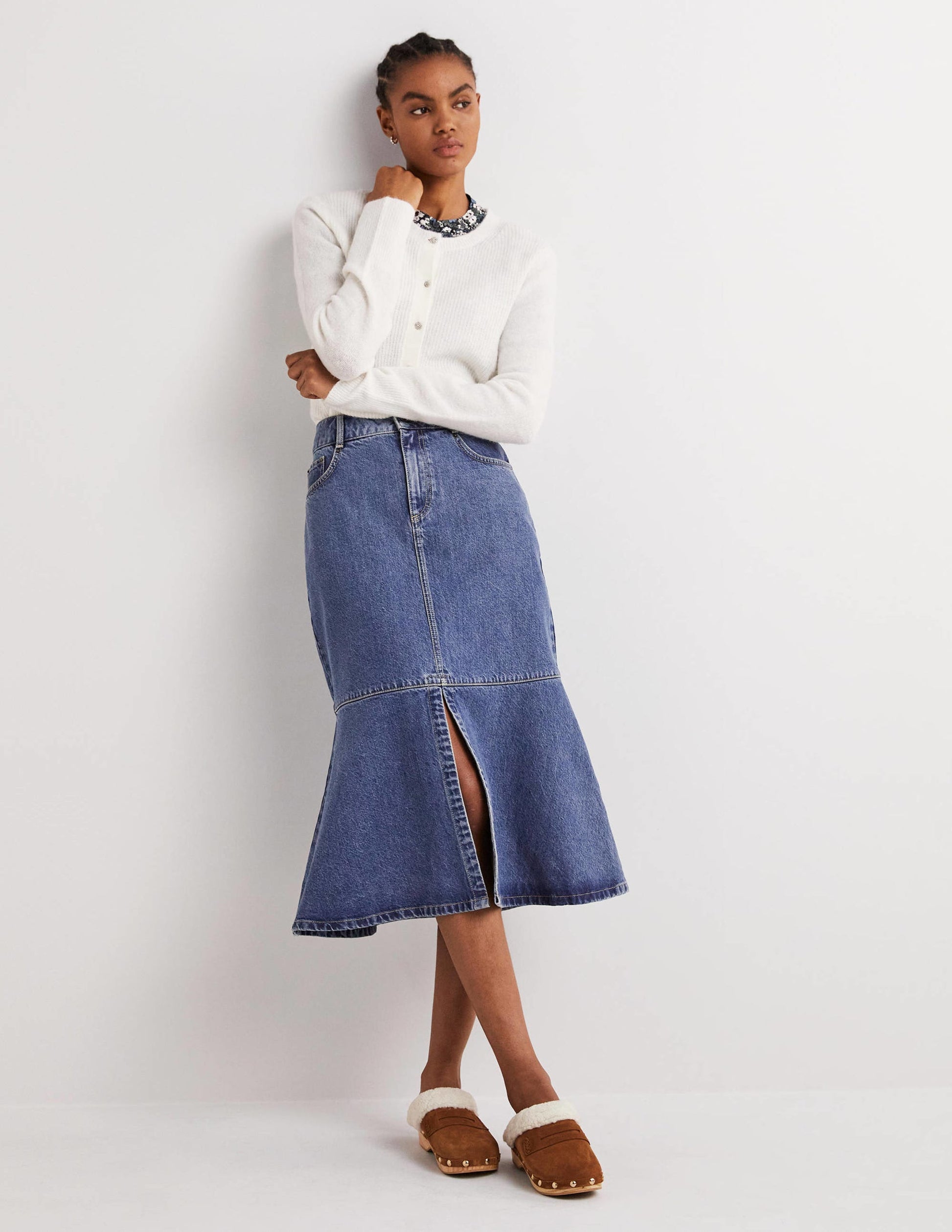 Flared Denim Midi Skirt-Light Vintage-1