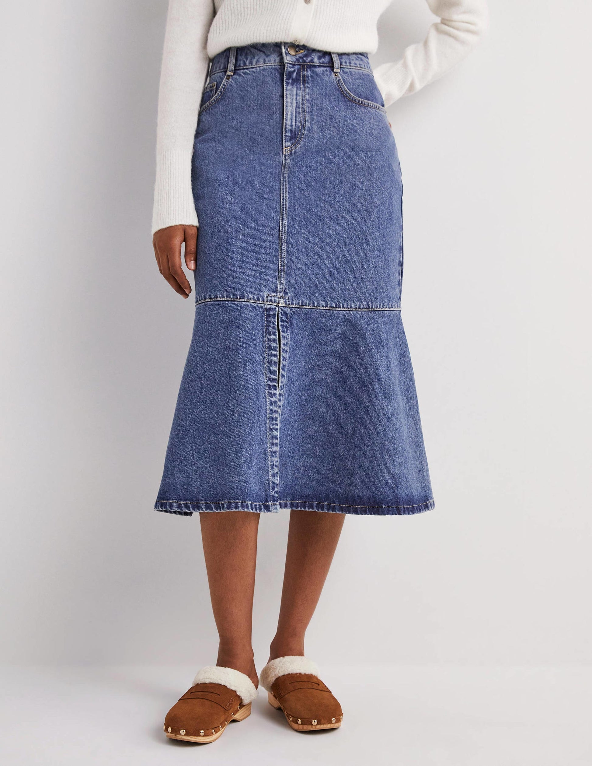 Flared Denim Midi Skirt-Light Vintage-4