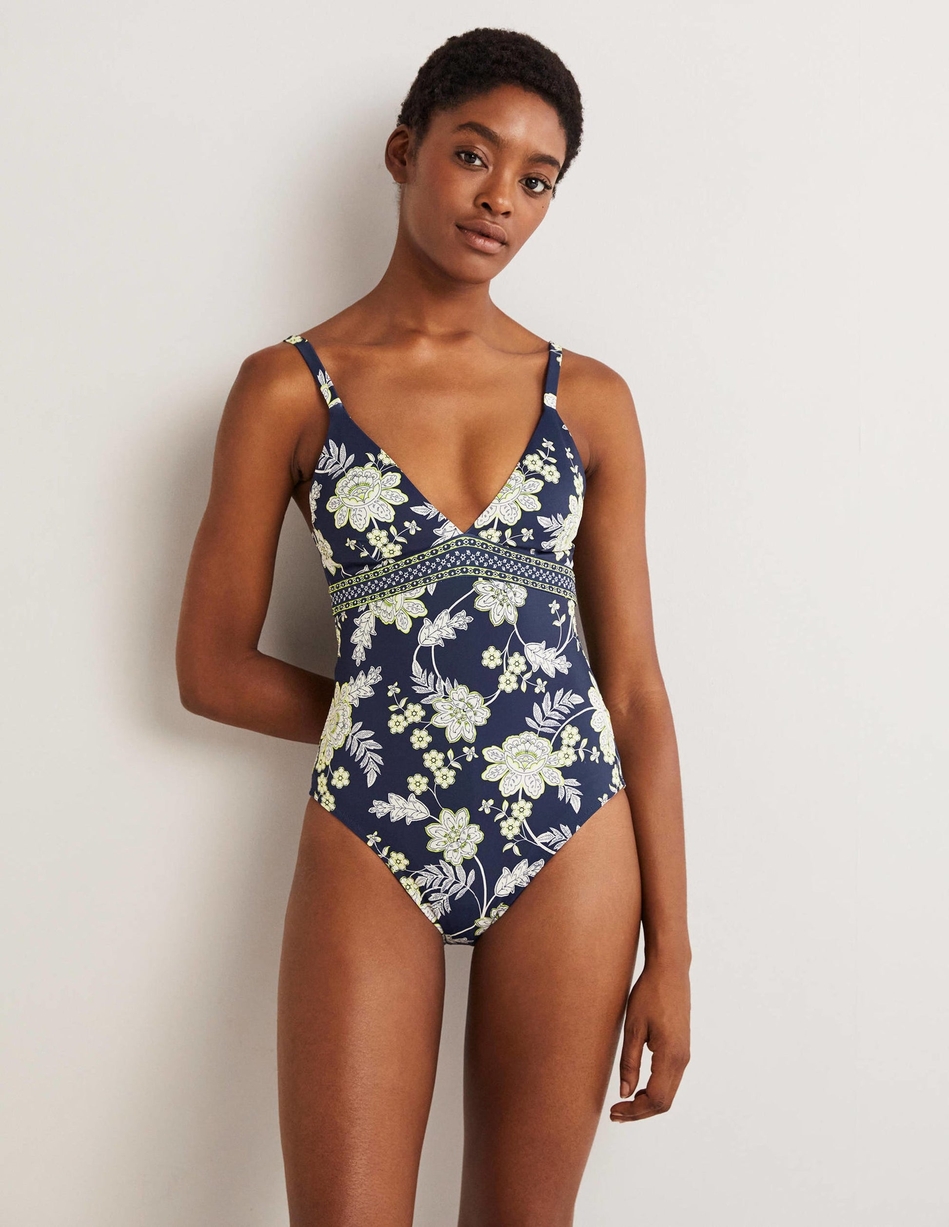 Arezzo V-neck Panel Swimsuit-Navy, Chintz Bloom-1
