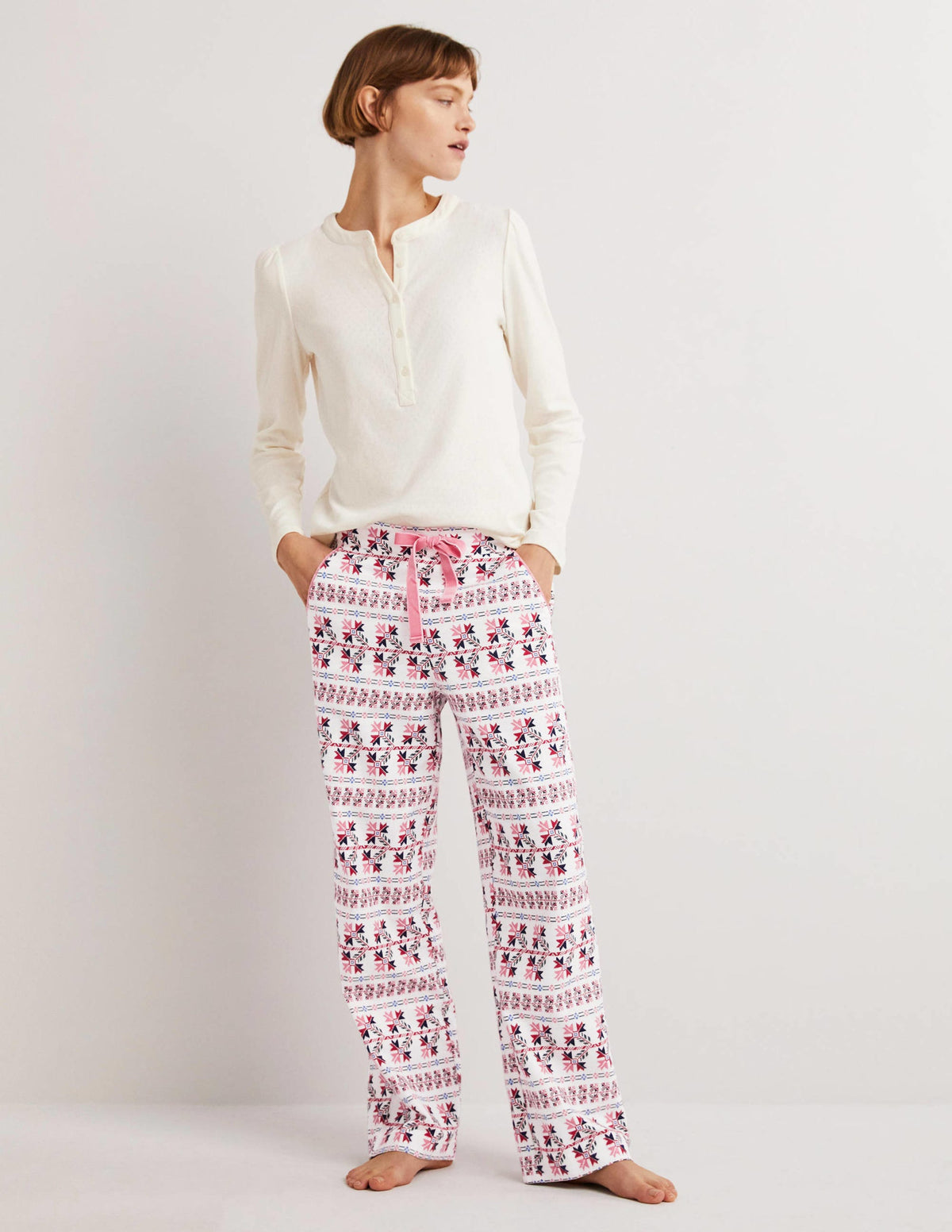 White Aztec Print Pajama Bottoms-Ivory, Aztec Bloom - Image 1