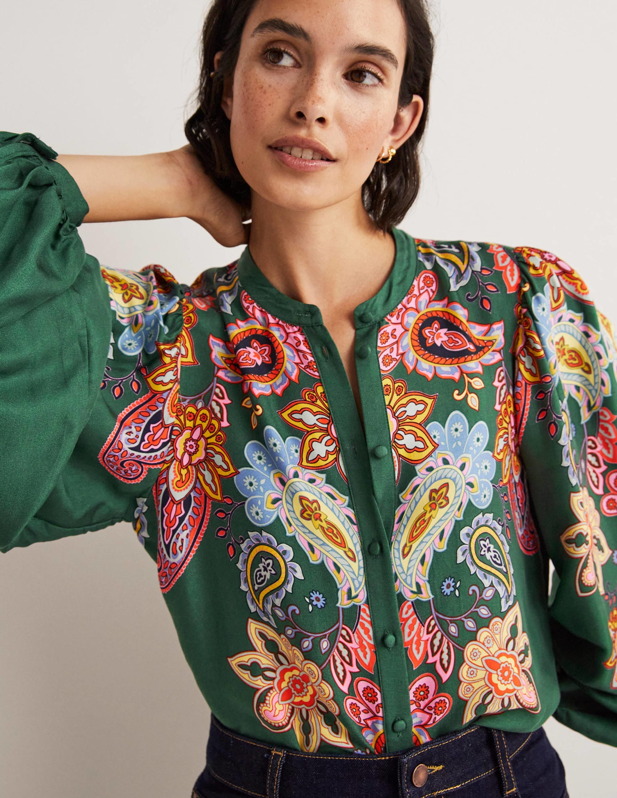 Blouson Sleeve Blouse-Trekking Green, Paisley Charm - Image 2