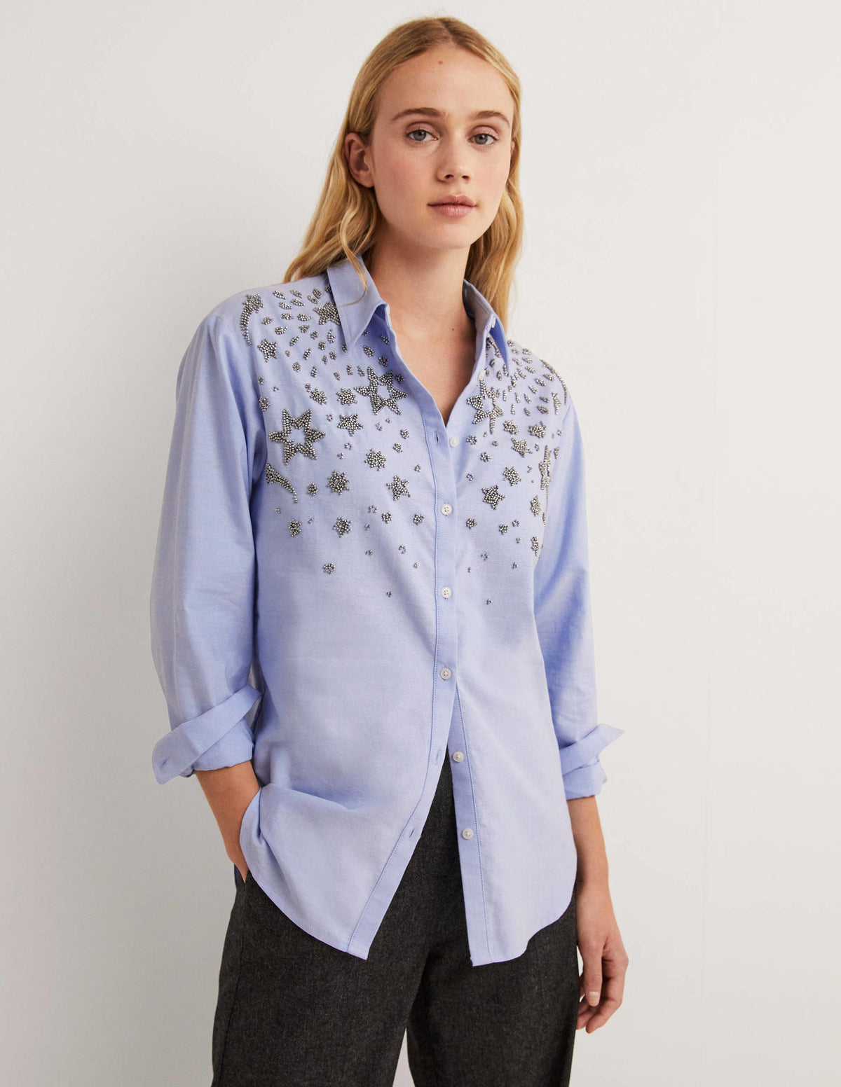 Relaxed Cotton Shirt-Chambray, Embellished - Image 1