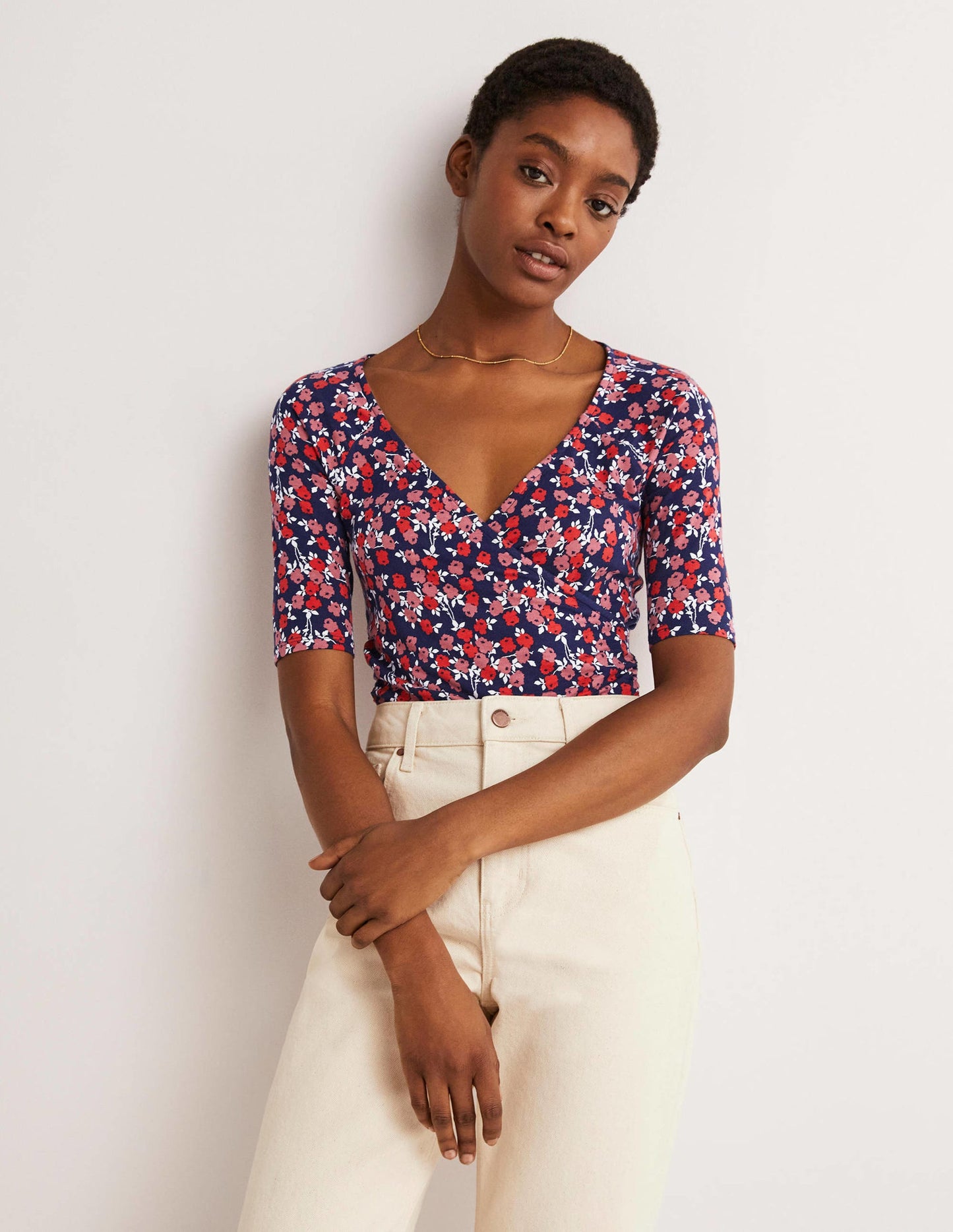 Short Sleeve Wrap Top-Cherry Red, Abstract Sprig