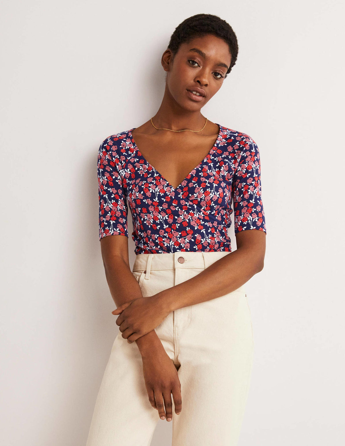 Short Sleeve Wrap Top-Cherry Red, Abstract Sprig - Image 1