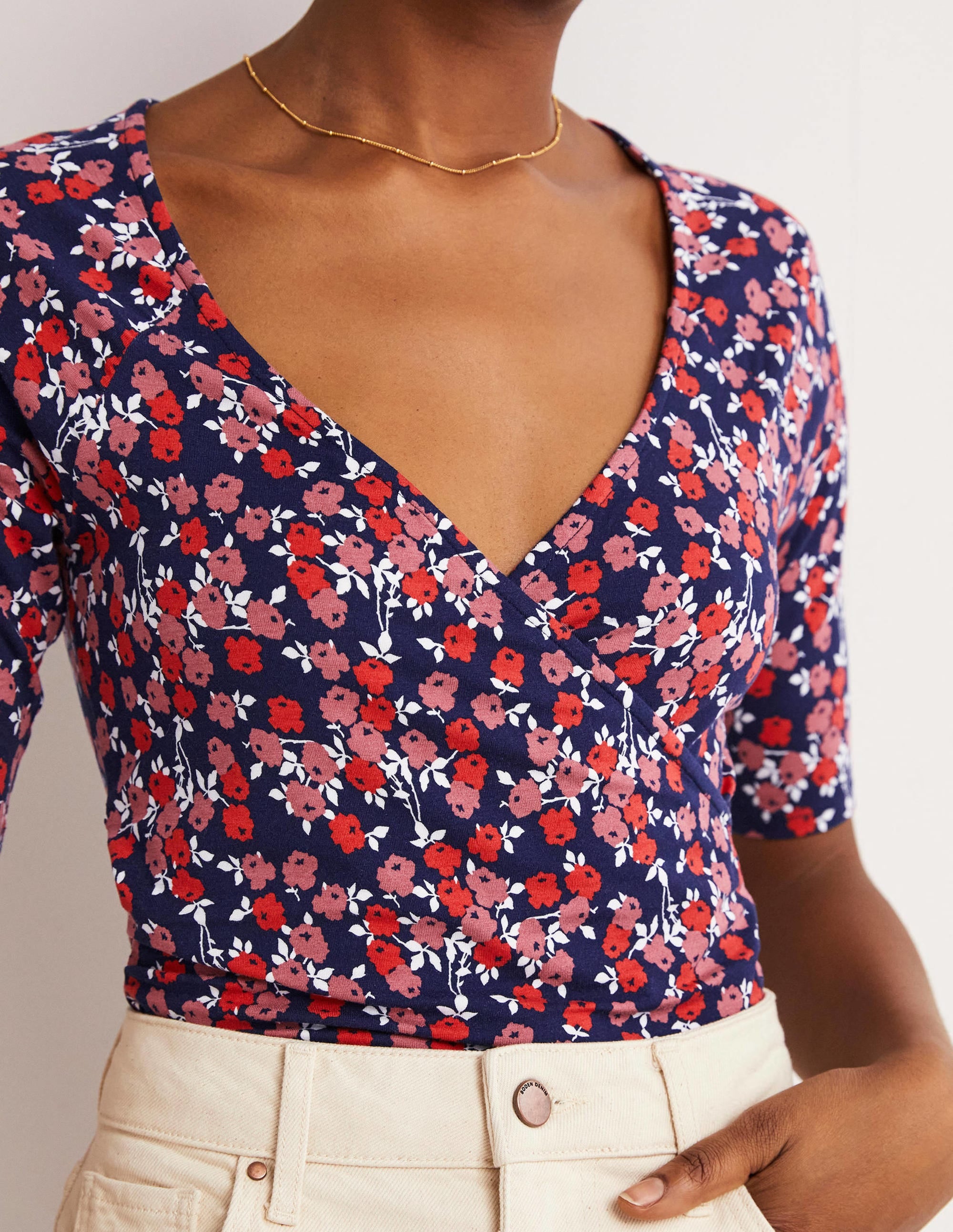 Short Sleeve Wrap Top-Cherry Red, Abstract Sprig - Image 2