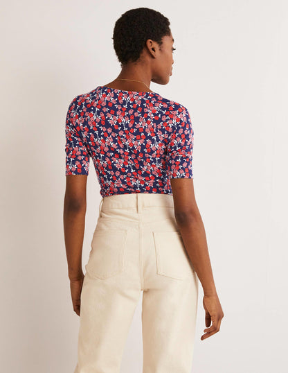 Short Sleeve Wrap Top-Cherry Red, Abstract Sprig-3