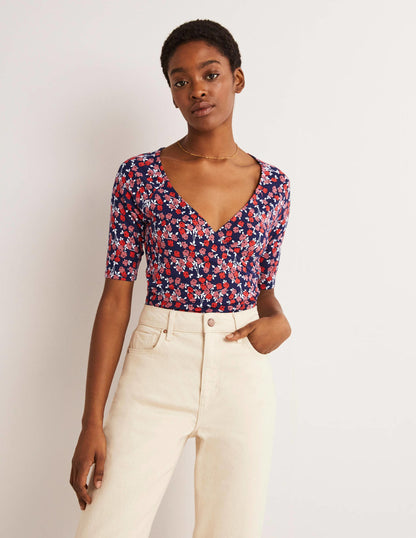 Short Sleeve Wrap Top-Cherry Red, Abstract Sprig-5