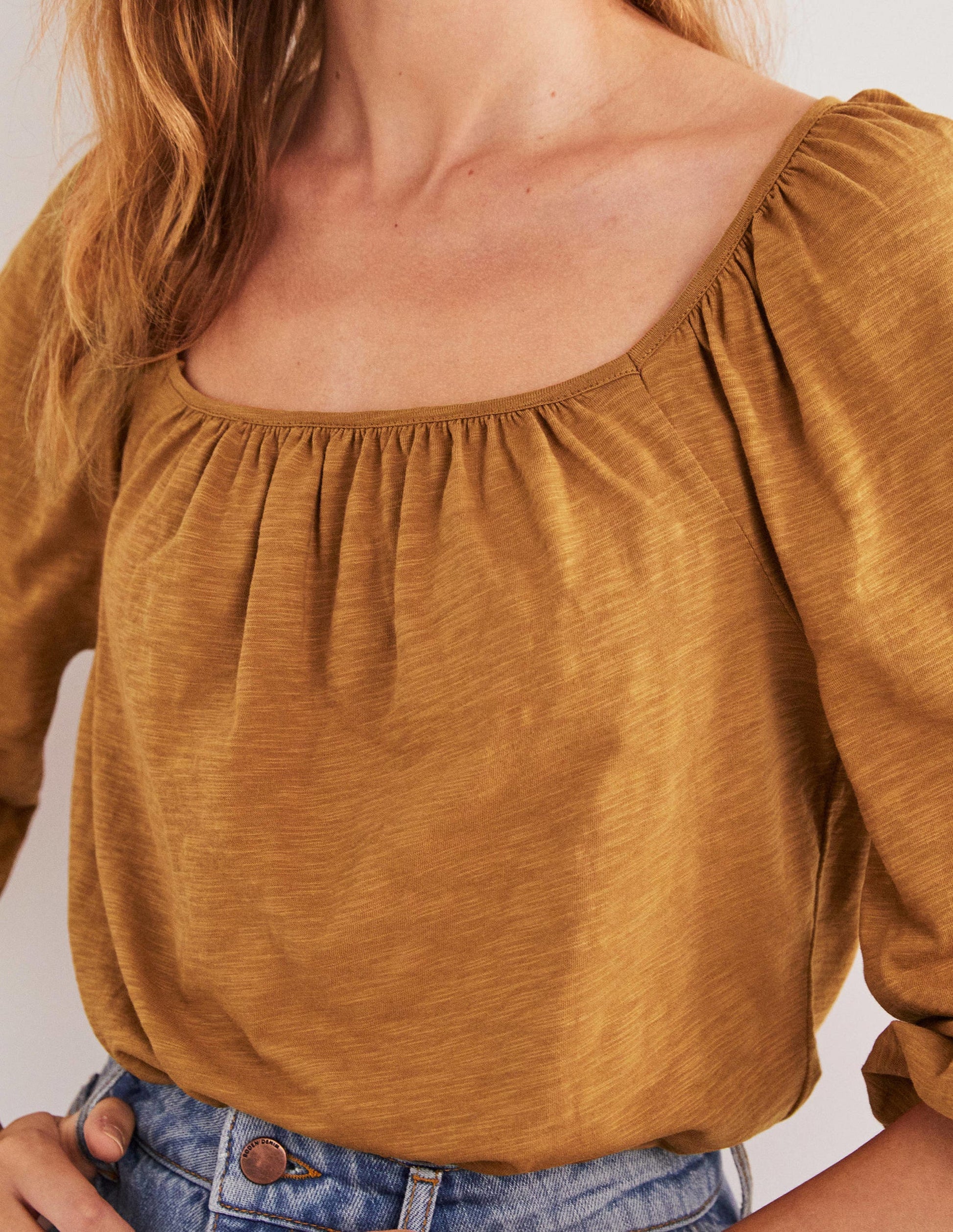 Blouson Sleeve Cotton Top-Butterscotch Brown-2