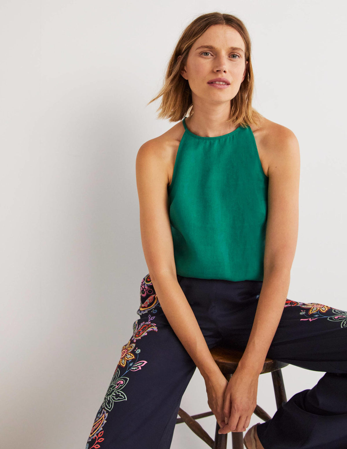 Strappy Halterneck Linen Top-Shady Glade Green - Image 1