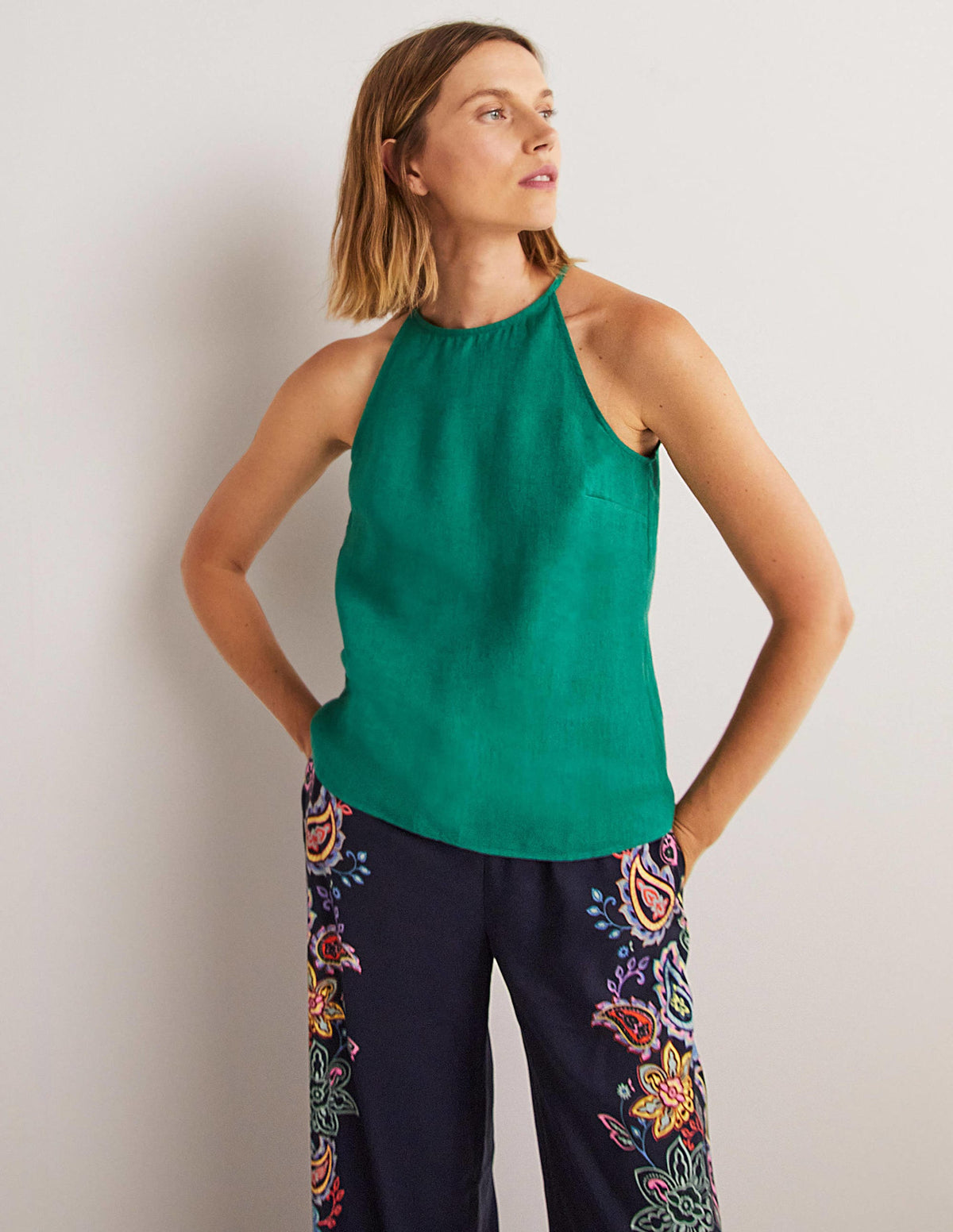 Strappy Halterneck Linen Top-Shady Glade Green-2