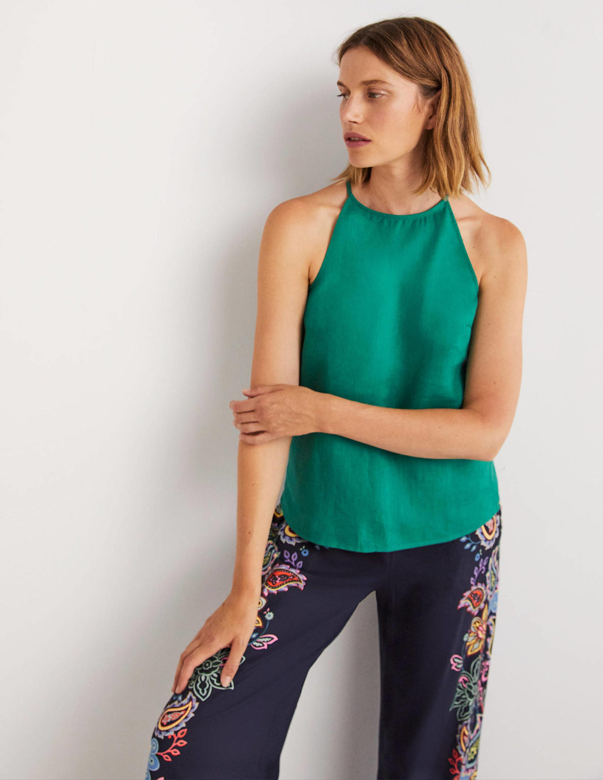 Strappy Halterneck Linen Top-Shady Glade Green - Image 5