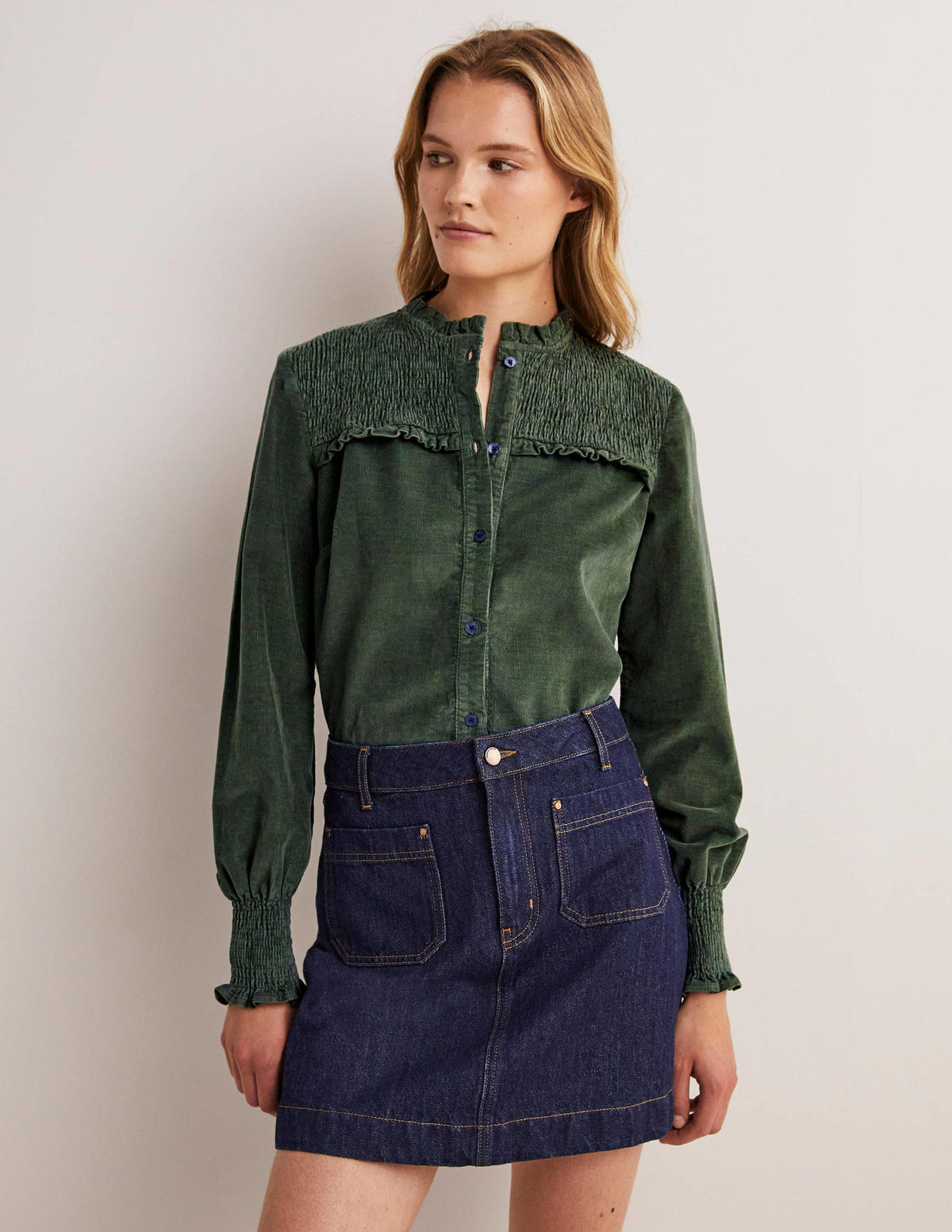 Smocked High Neck Shirt-Forest Green-1