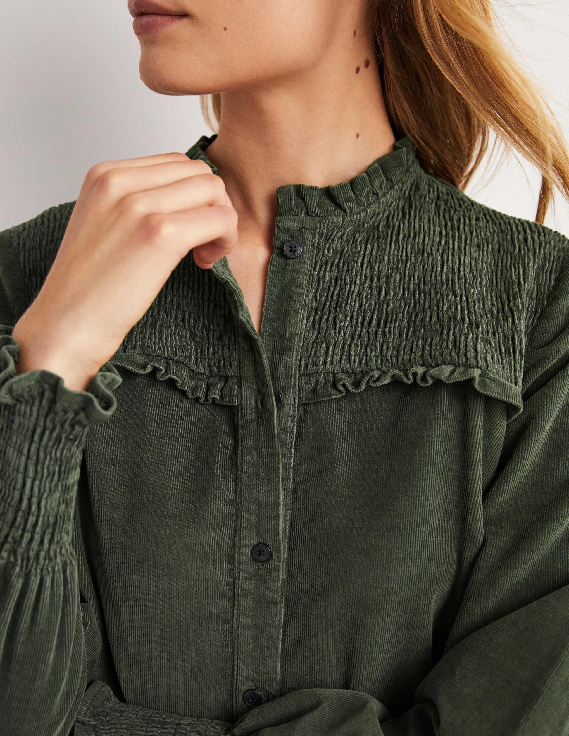 Smocked High Neck Shirt-Forest Green-2