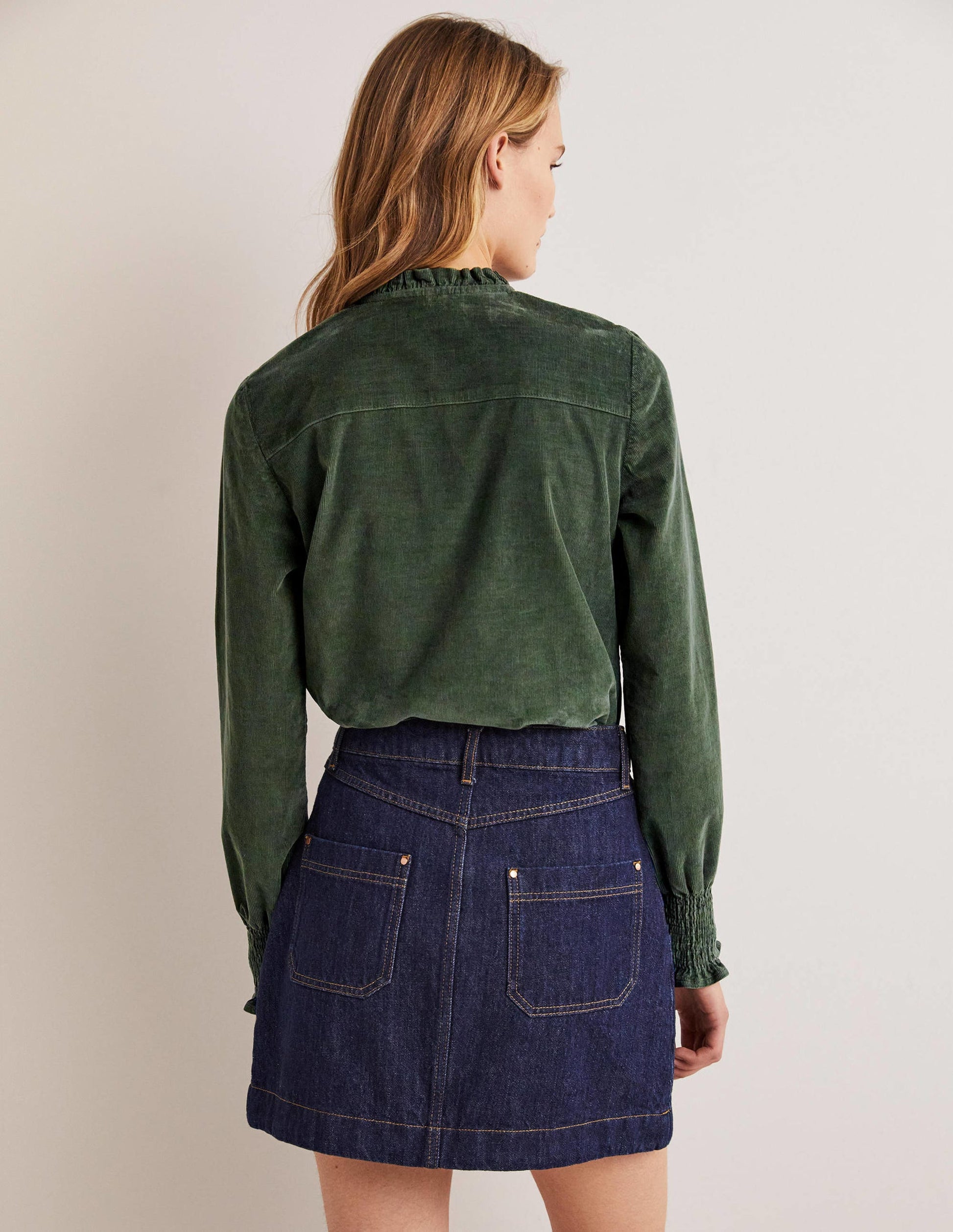 Smocked High Neck Shirt-Forest Green-3