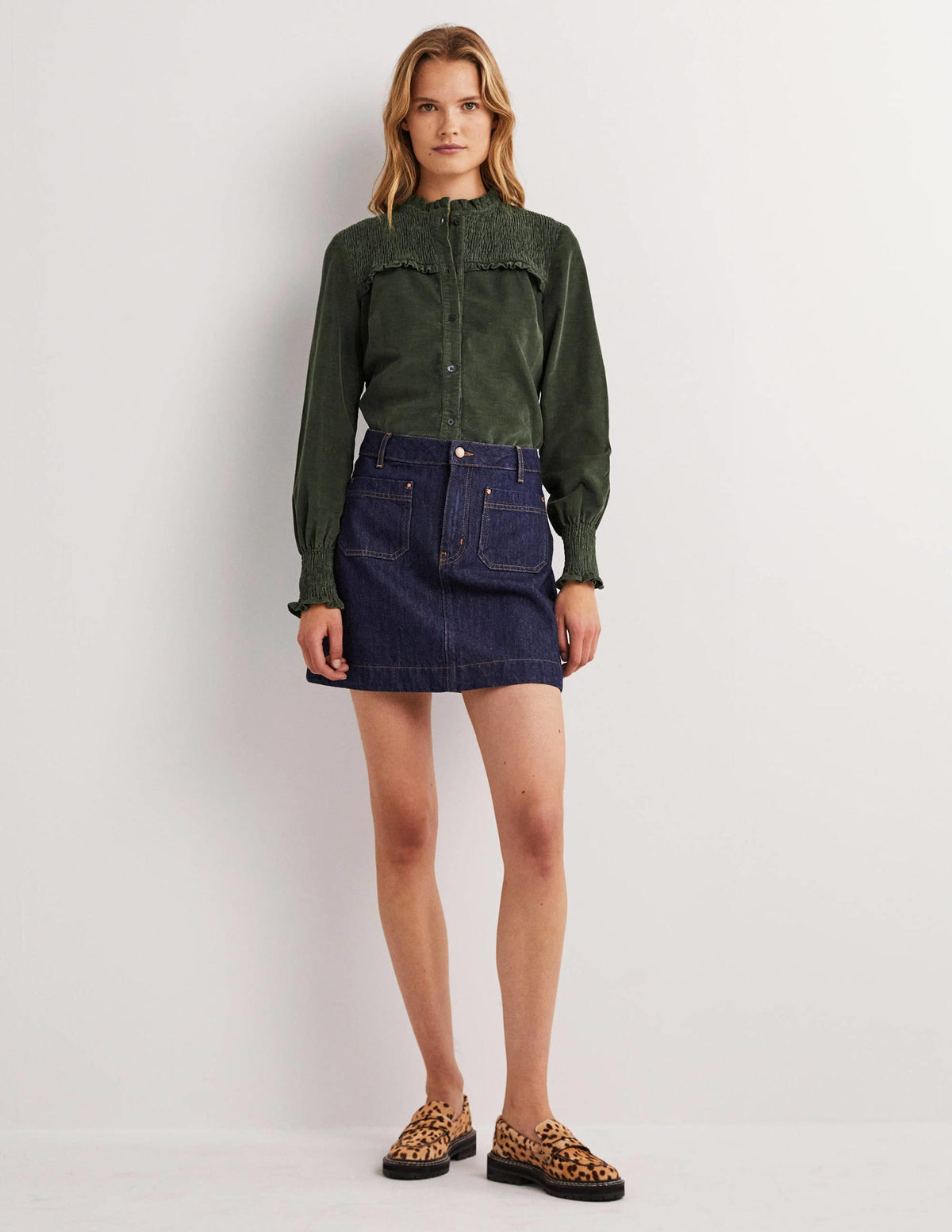 Smocked High Neck Shirt-Forest Green - Image 5
