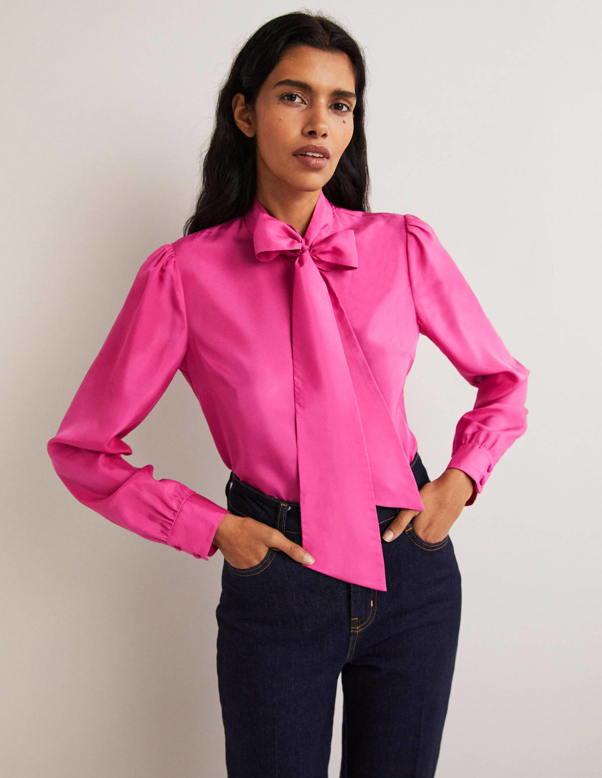 Silk Tie Neck Blouse-Wild Watermelon Pink-1