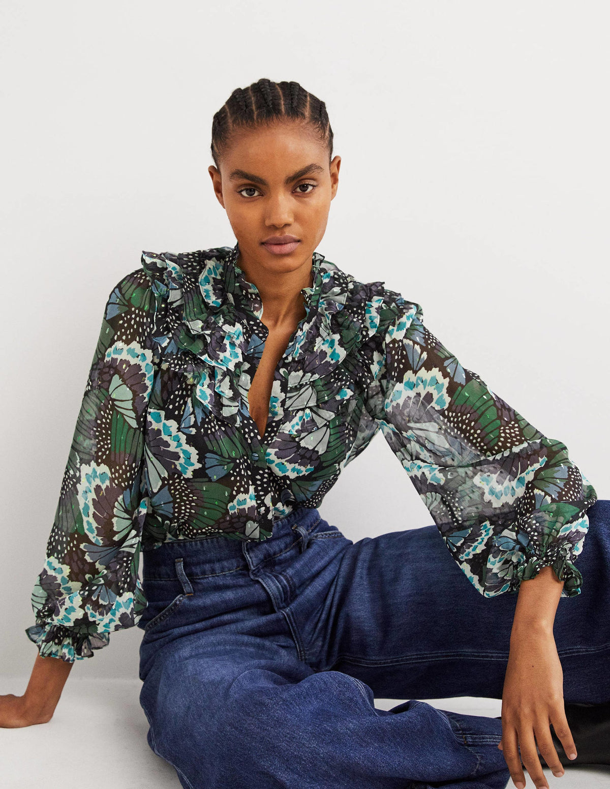 Ruffle Neck Shirt-Black, Petal Stamp - Image 1