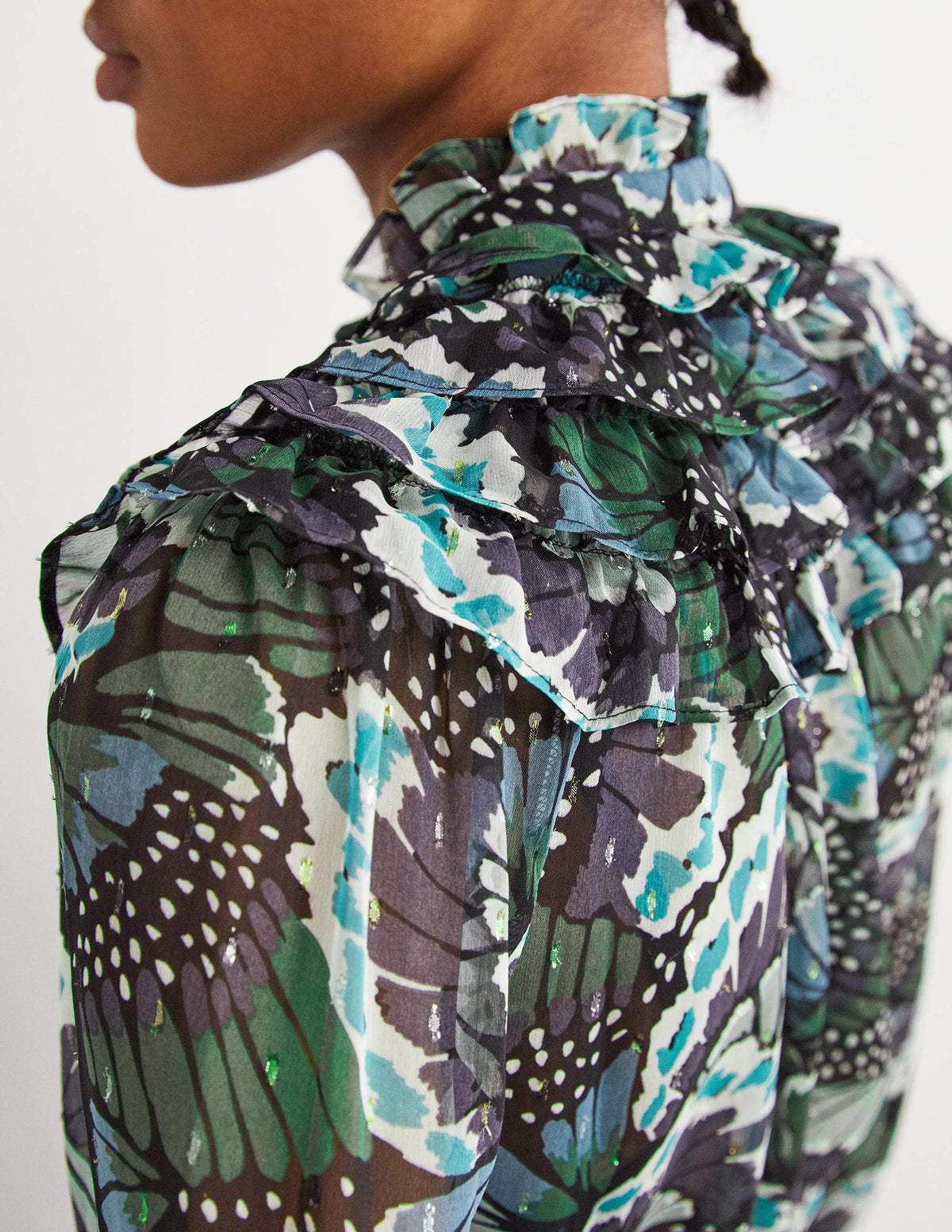 Ruffle Neck Shirt-Black, Petal Stamp - Image 2