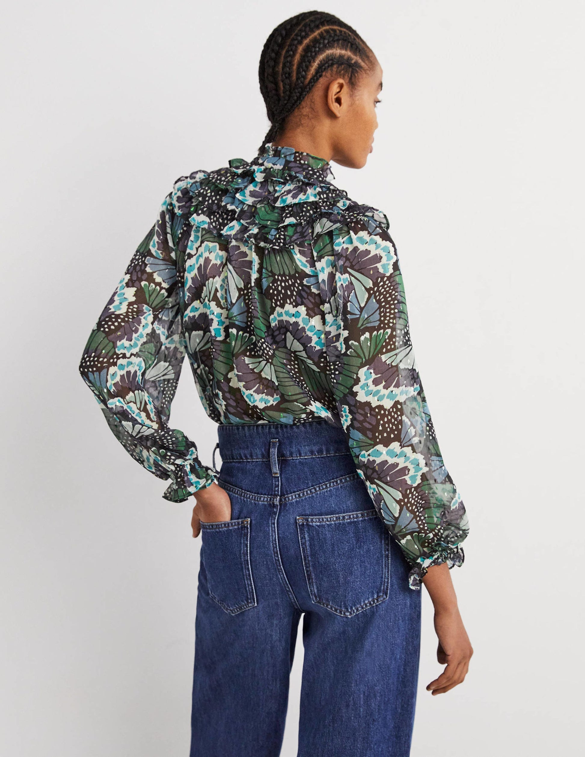 Ruffle Neck Shirt-Black, Petal Stamp-3