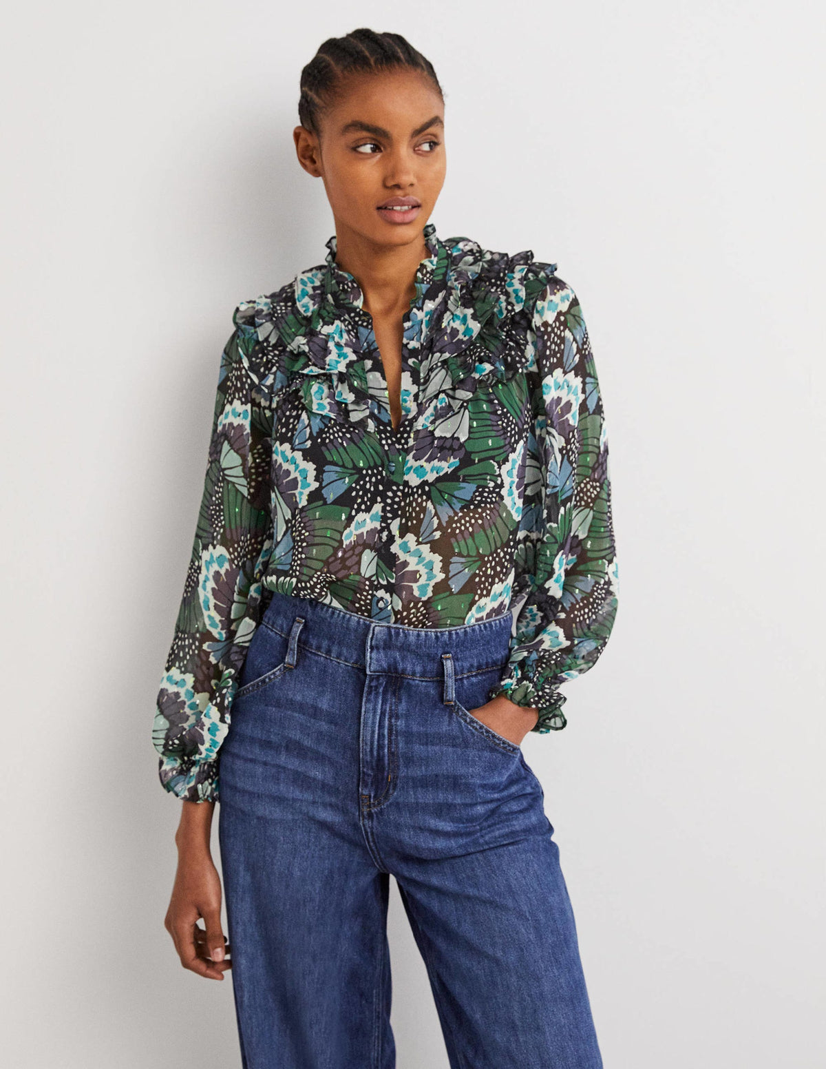 Ruffle Neck Shirt-Black, Petal Stamp - Image 4