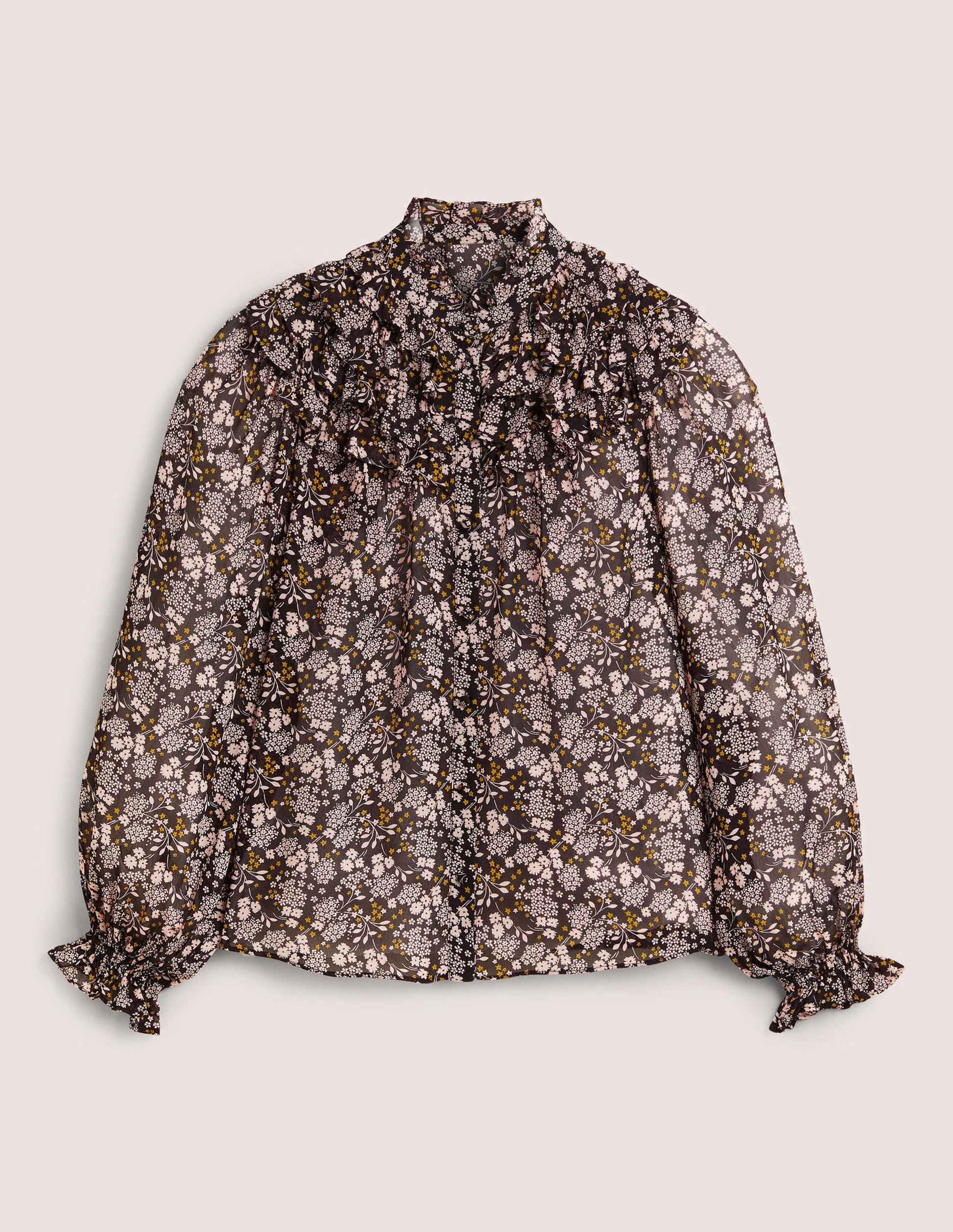 Ruffle Neck Shirt-Black, Prairie Garden-6