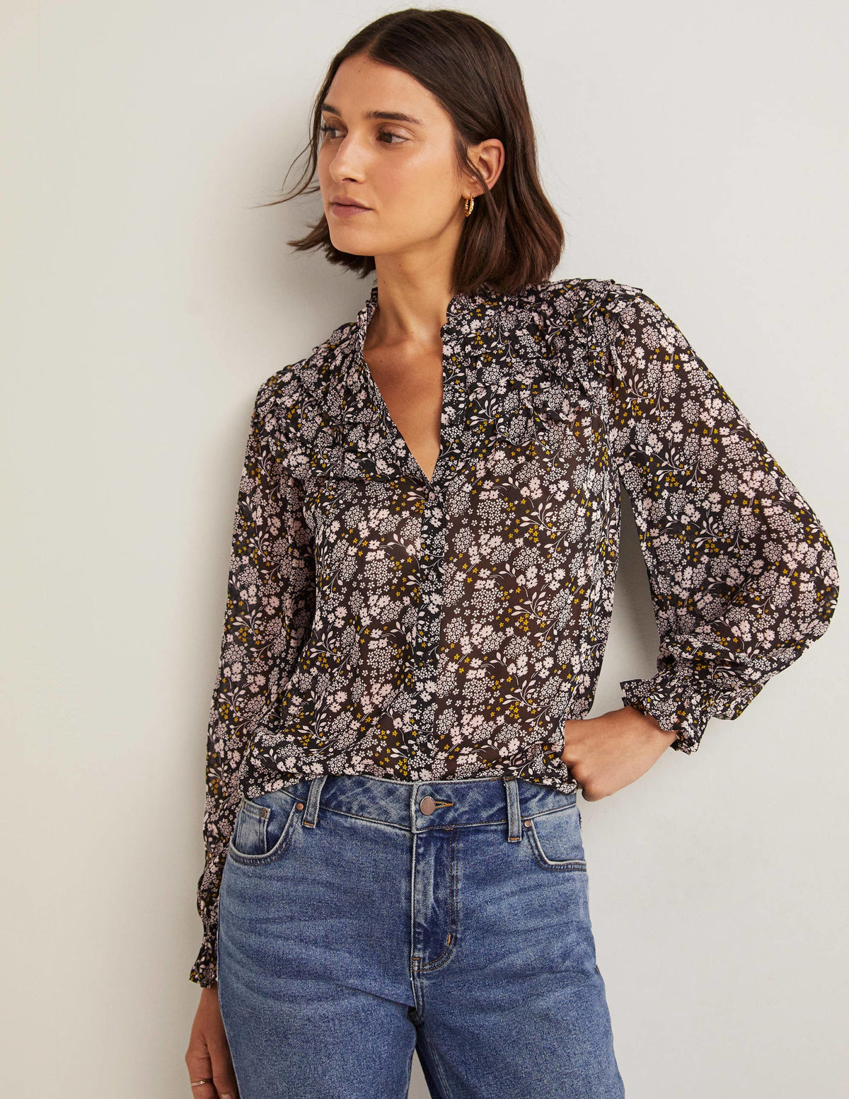 Ruffle Neck Shirt-Black, Prairie Garden-1