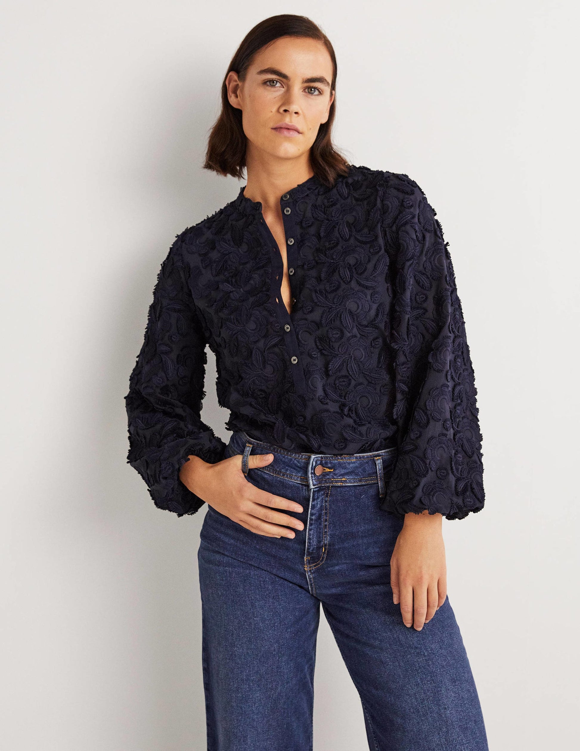 Textured Popover Blouse-Navy-1