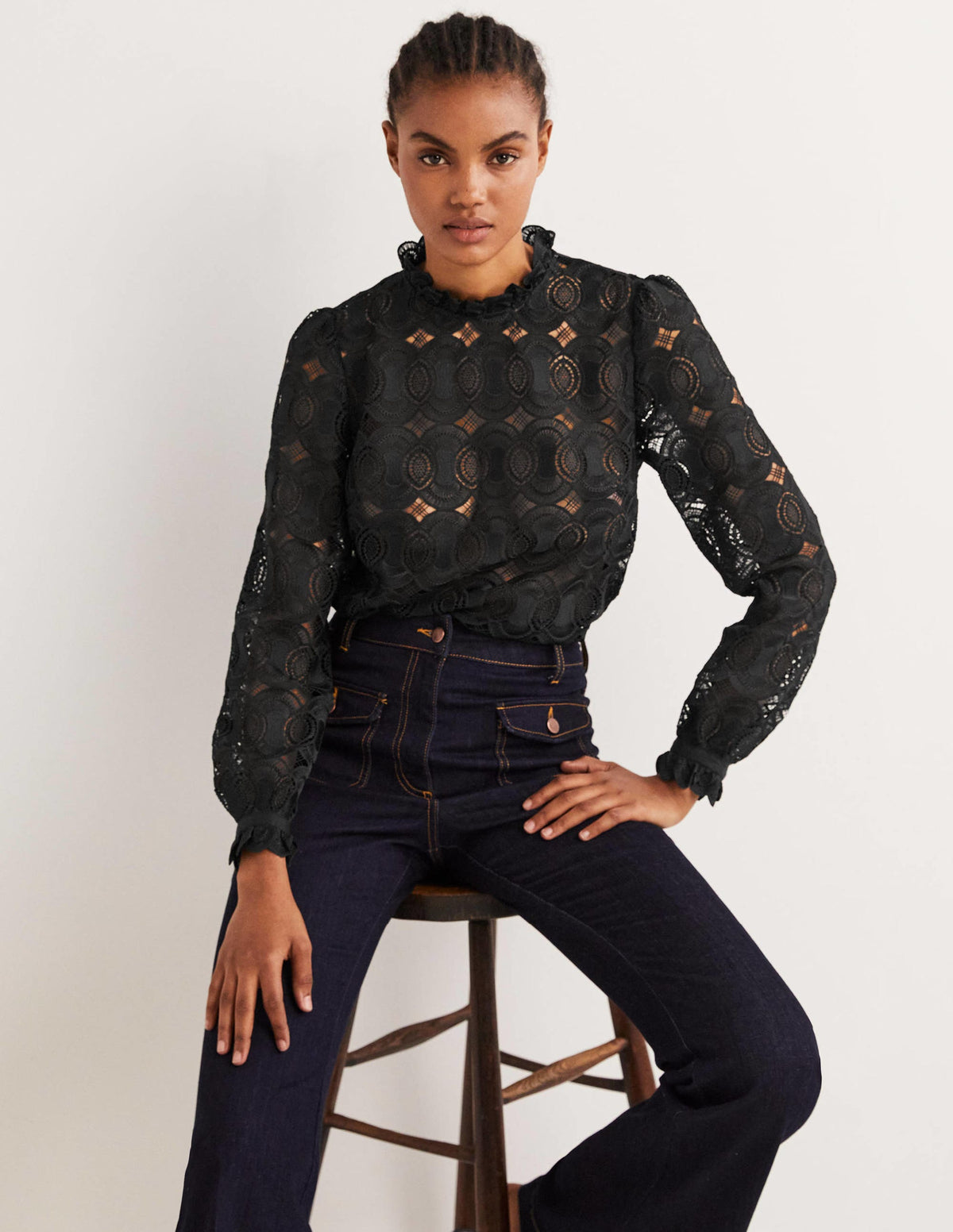 High Neck Lace Top-Black - Image 1